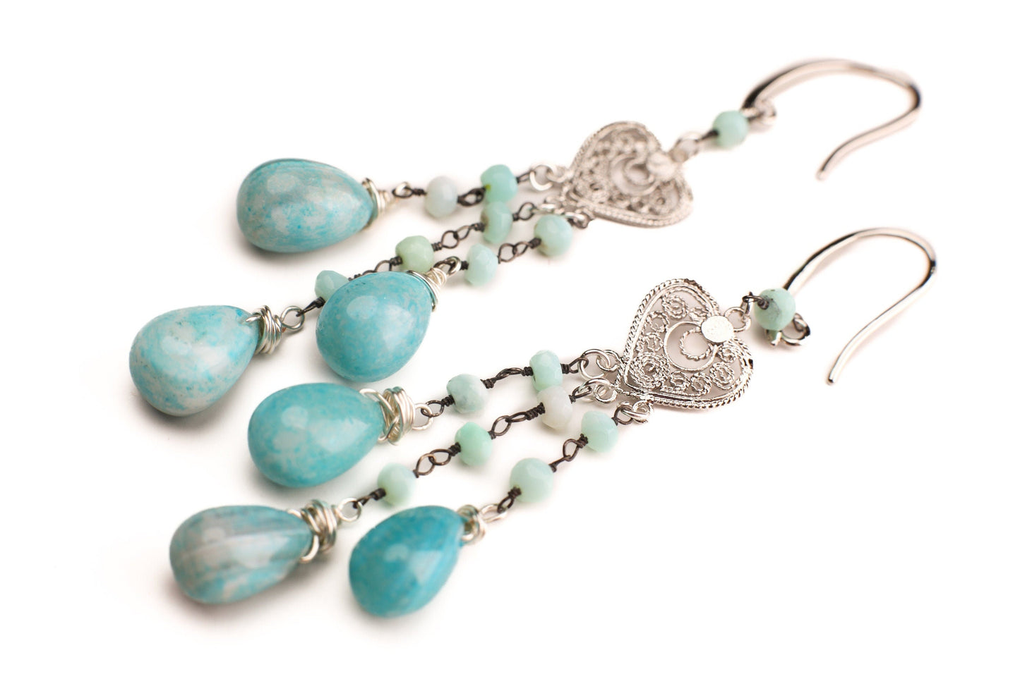 Blue Opal Pear Drop Dangling with Blue Opal Roundel Wire Wrapped Heart Shape Chandelier in Rhodium Silver Earrings