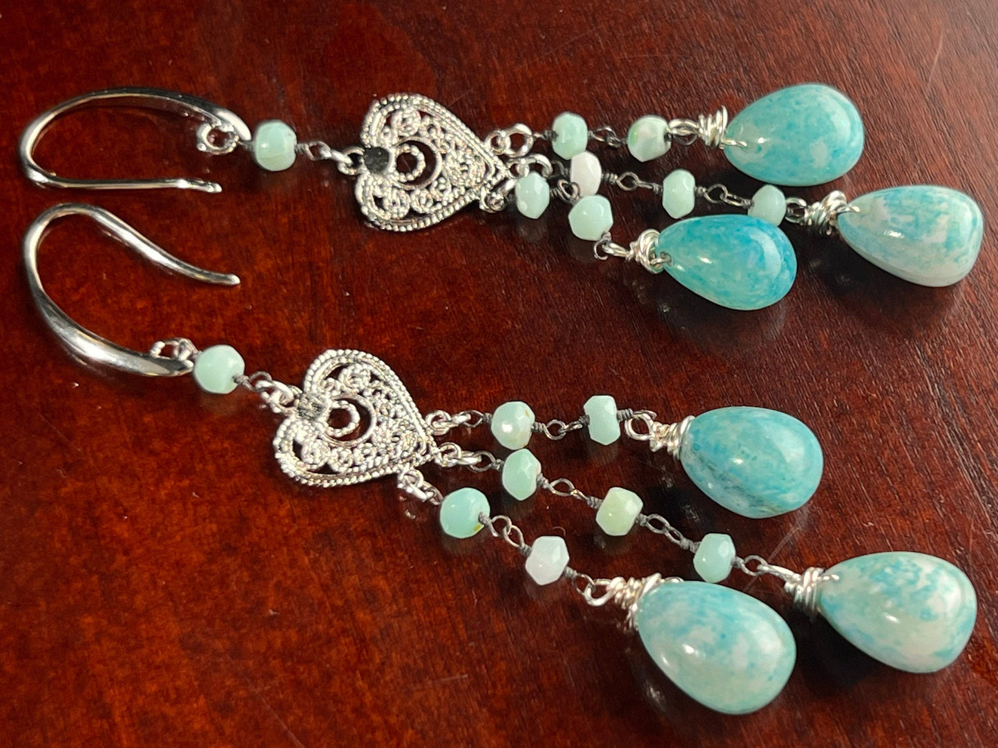 Blue Opal Pear Drop Dangling with Blue Opal Roundel Wire Wrapped Heart Shape Chandelier in Rhodium Silver Earrings