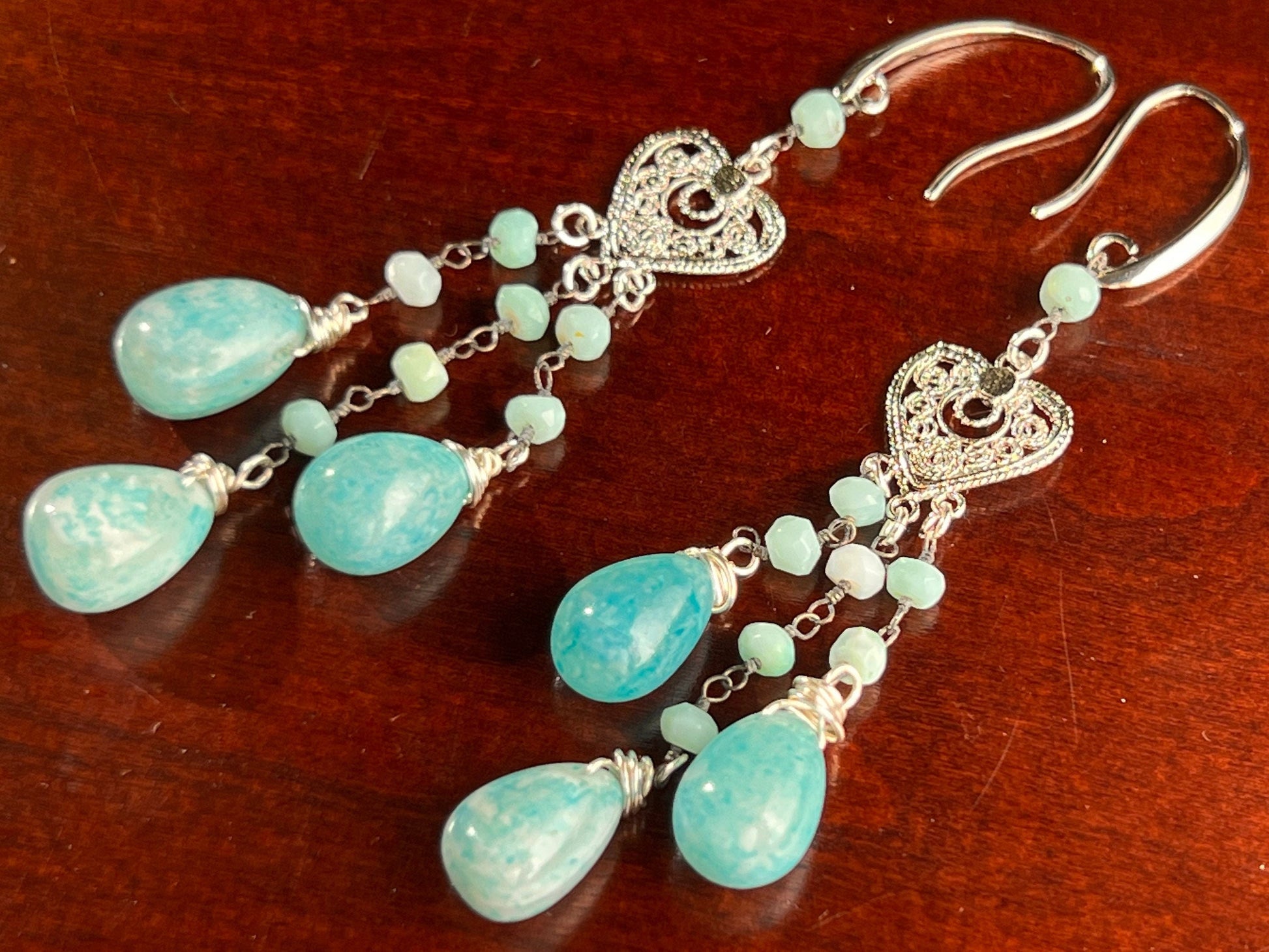 Blue Opal Pear Drop Dangling with Blue Opal Roundel Wire Wrapped Heart Shape Chandelier in Rhodium Silver Earrings