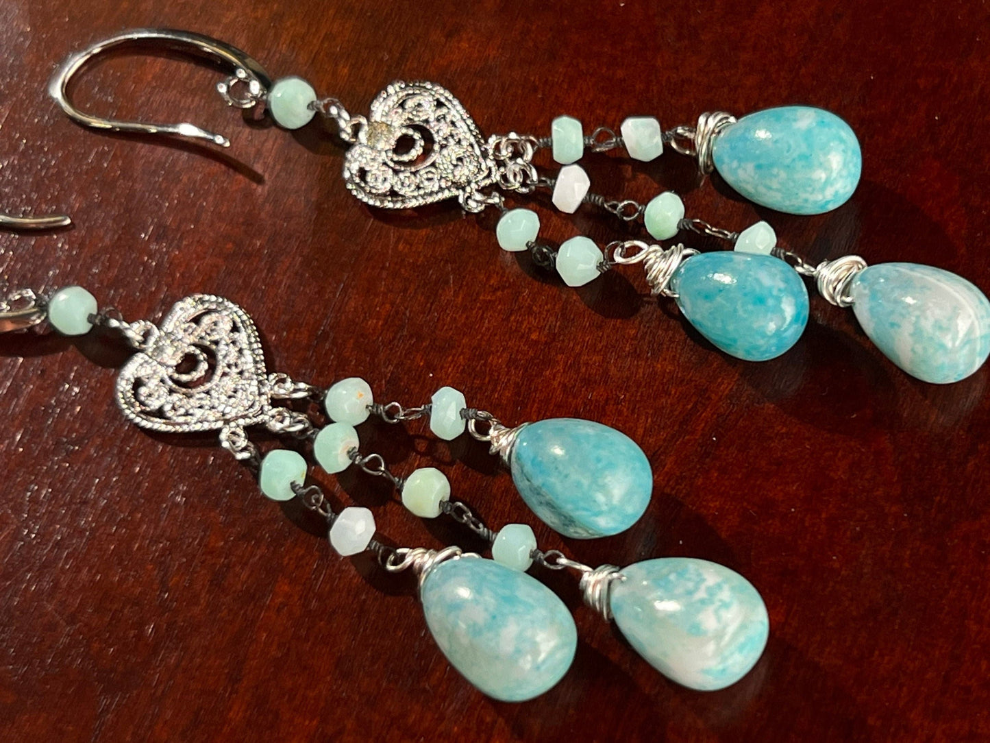 Blue Opal Pear Drop Dangling with Blue Opal Roundel Wire Wrapped Heart Shape Chandelier in Rhodium Silver Earrings