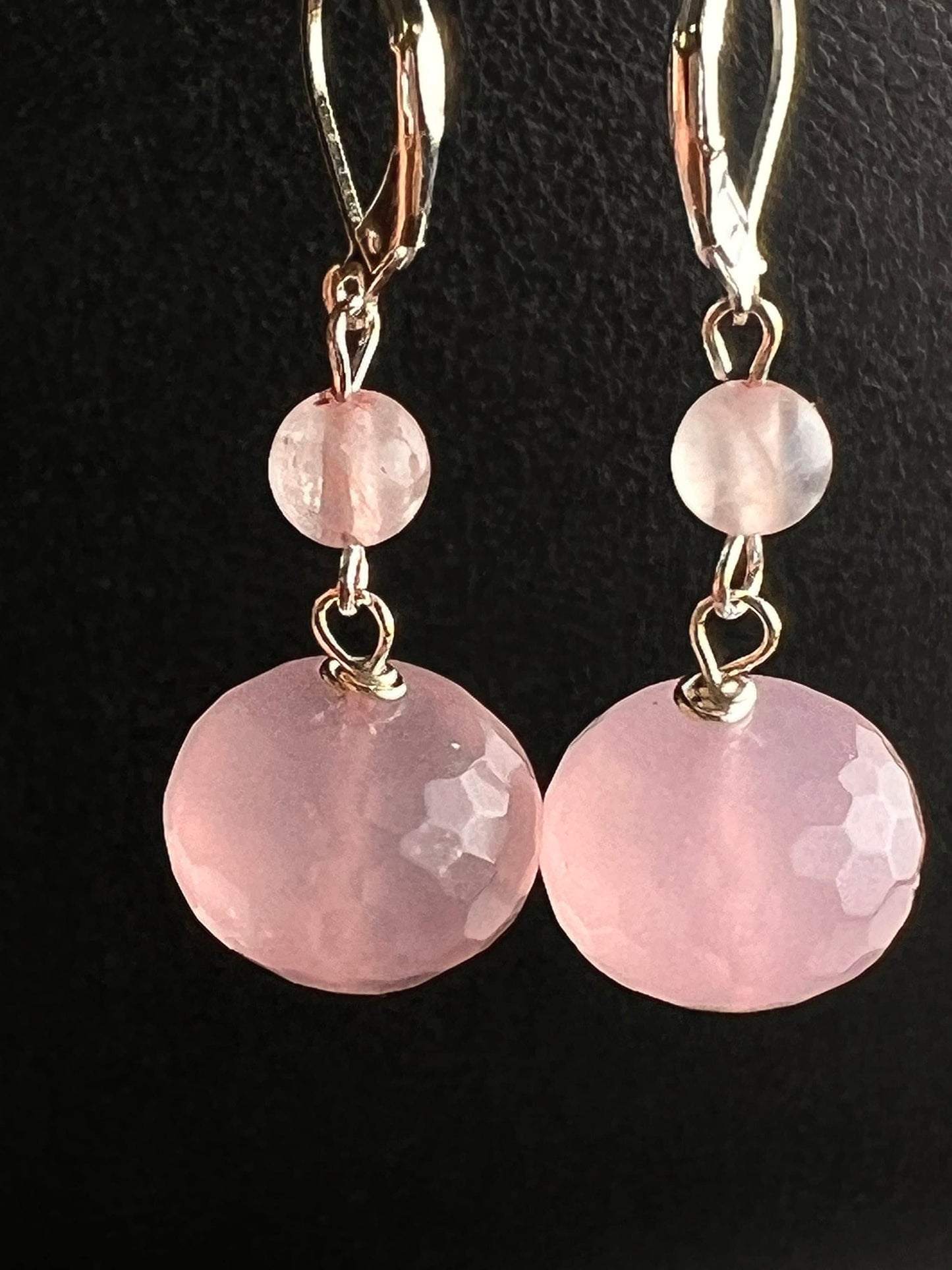 Natural Rose Quartz Faceted Large Roundel 14mm, Spacer 4mm Rose Quartz Wire Wrapped in Silver Leverback or Earwire