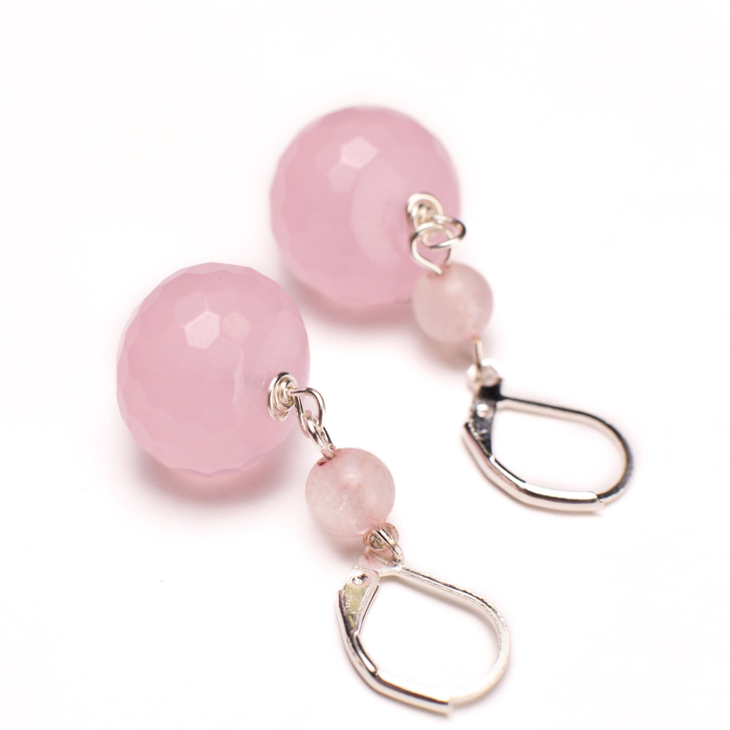 Natural Rose Quartz Faceted Large Roundel 14mm, Spacer 4mm Rose Quartz Wire Wrapped in Silver Leverback or Earwire
