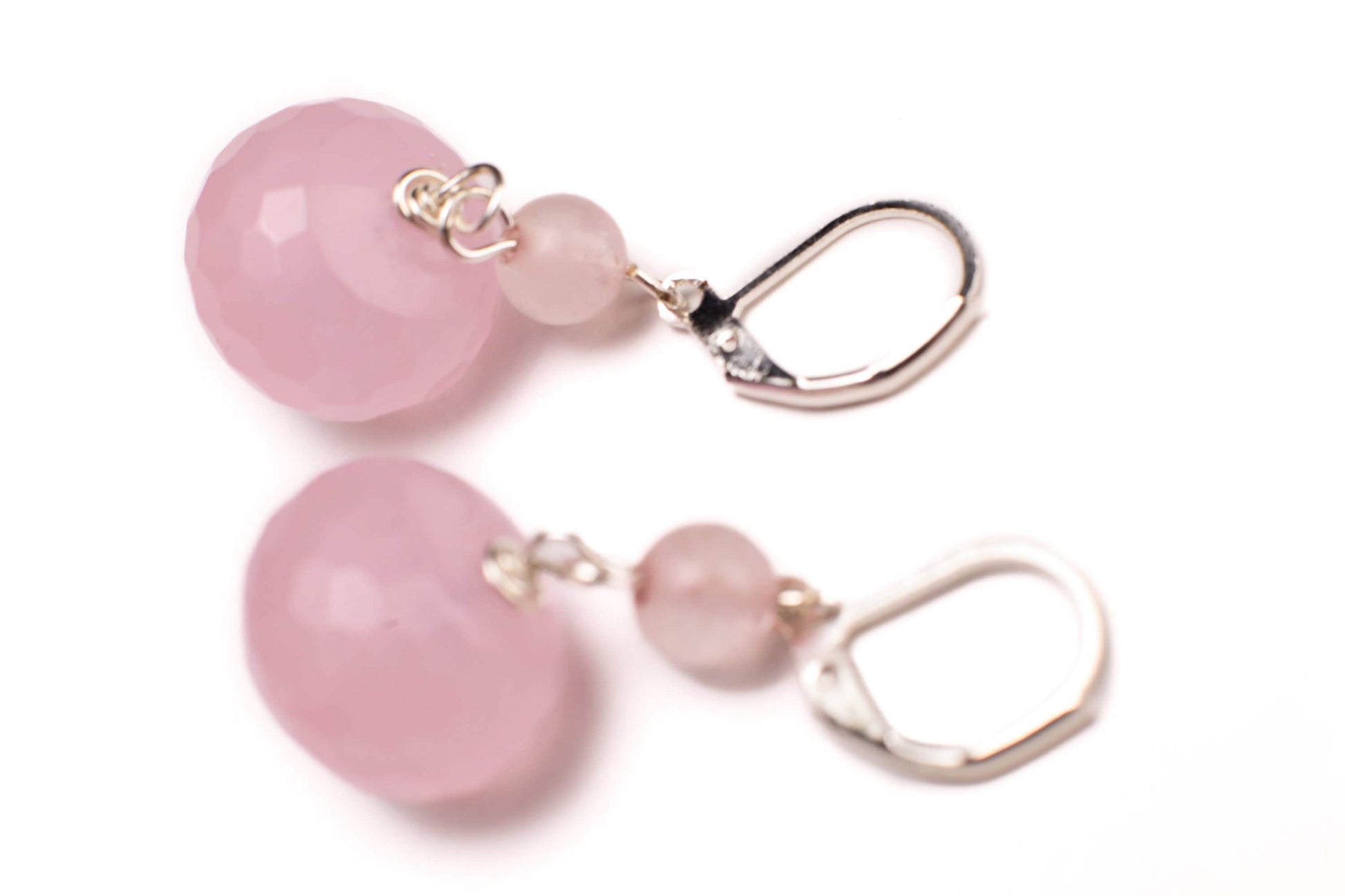 Natural Rose Quartz Faceted Large Roundel 14mm, Spacer 4mm Rose Quartz Wire Wrapped in Silver Leverback or Earwire