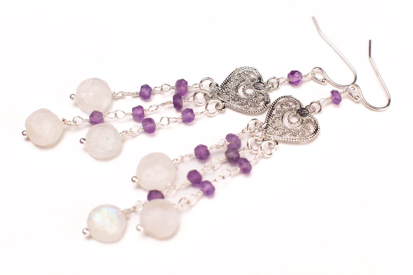Natural Moonstone Dangling with Natural Amethyst Filigree Chandelier Wire Wrapped 925 Sterling Silver Earrings, Handmade Gift for Her