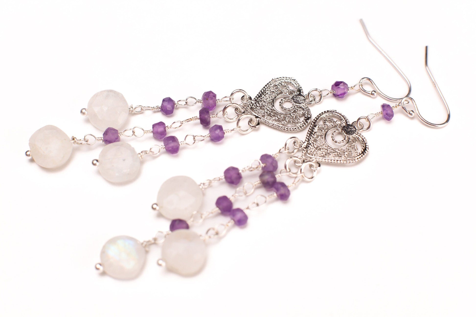 Natural Moonstone Dangling with Natural Amethyst Filigree Chandelier Wire Wrapped 925 Sterling Silver Earrings, Handmade Gift for Her