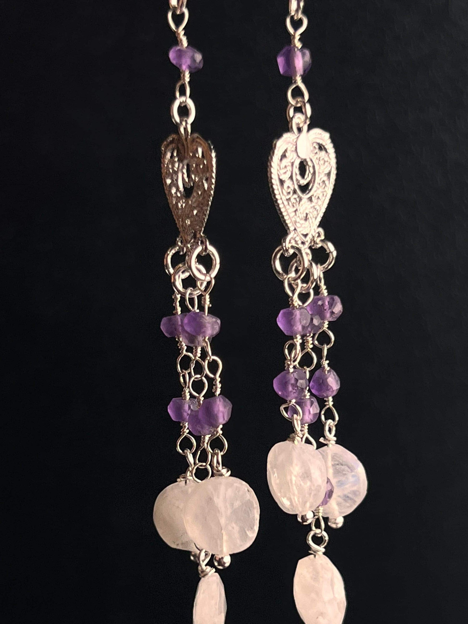 Natural Moonstone Dangling with Natural Amethyst Filigree Chandelier Wire Wrapped 925 Sterling Silver Earrings, Handmade Gift for Her