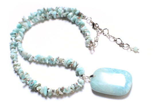 Larimar Nugget Chips Necklace with Matching Larimar Pendant 18" Gemstone Necklace with 3" Extension Chain