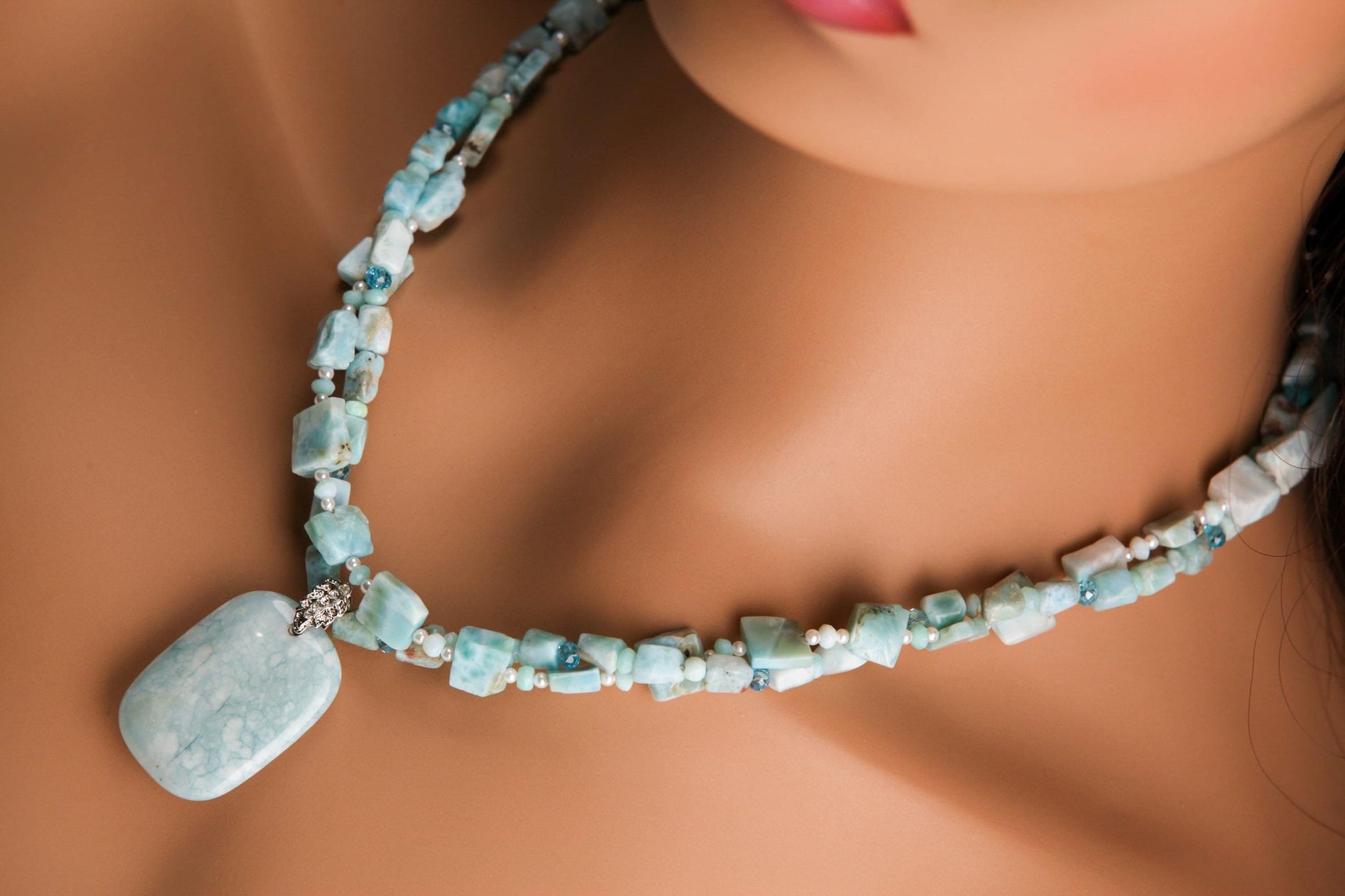 Double Layered Natural Larimar Nugget and Square Gemstone, Freshwater Pearl, Larimar spacer, larimar pendant Necklace with 2" Extension