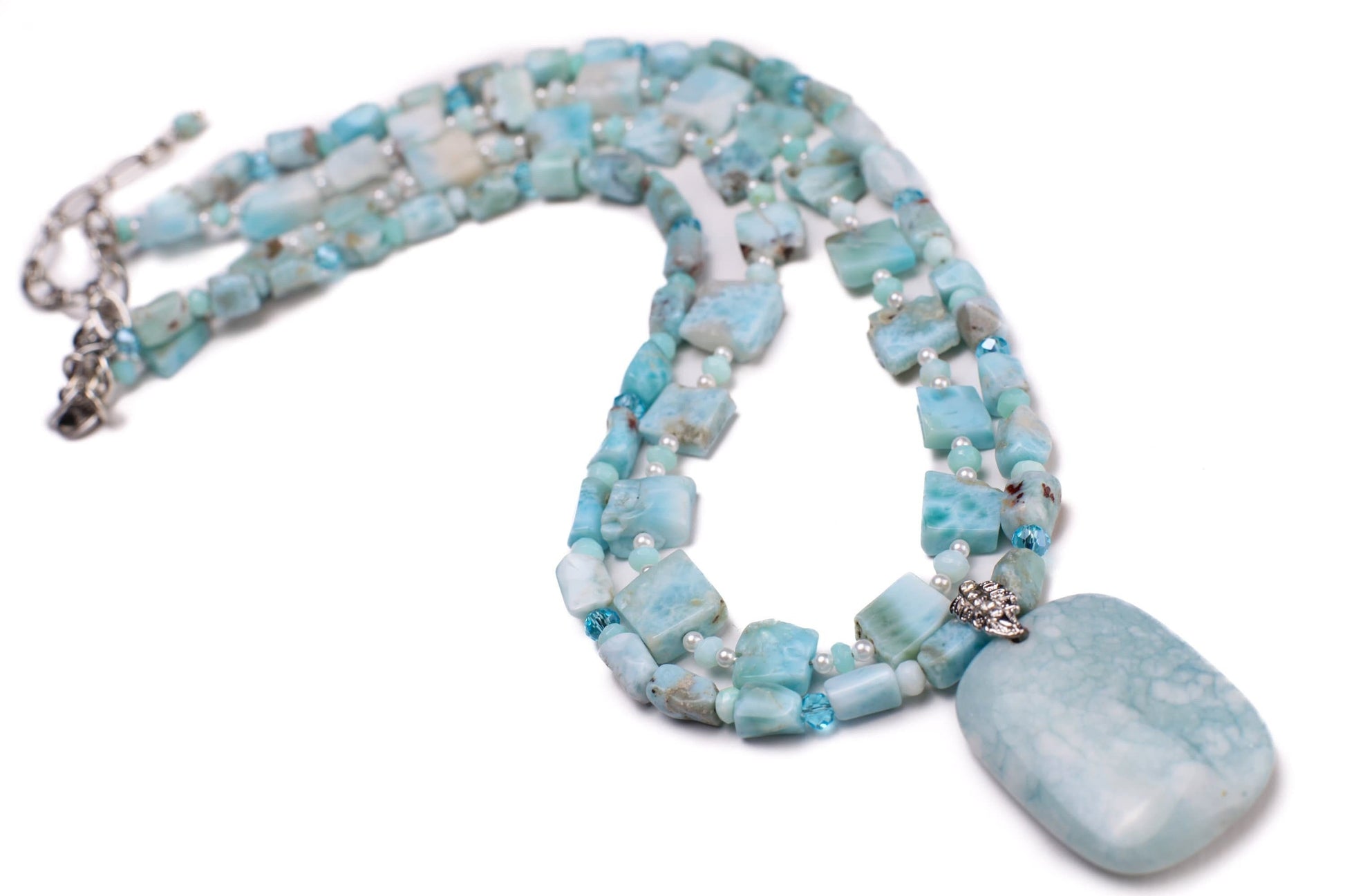 Double Layered Natural Larimar Nugget and Square Gemstone, Freshwater Pearl, Larimar spacer, larimar pendant Necklace with 2" Extension
