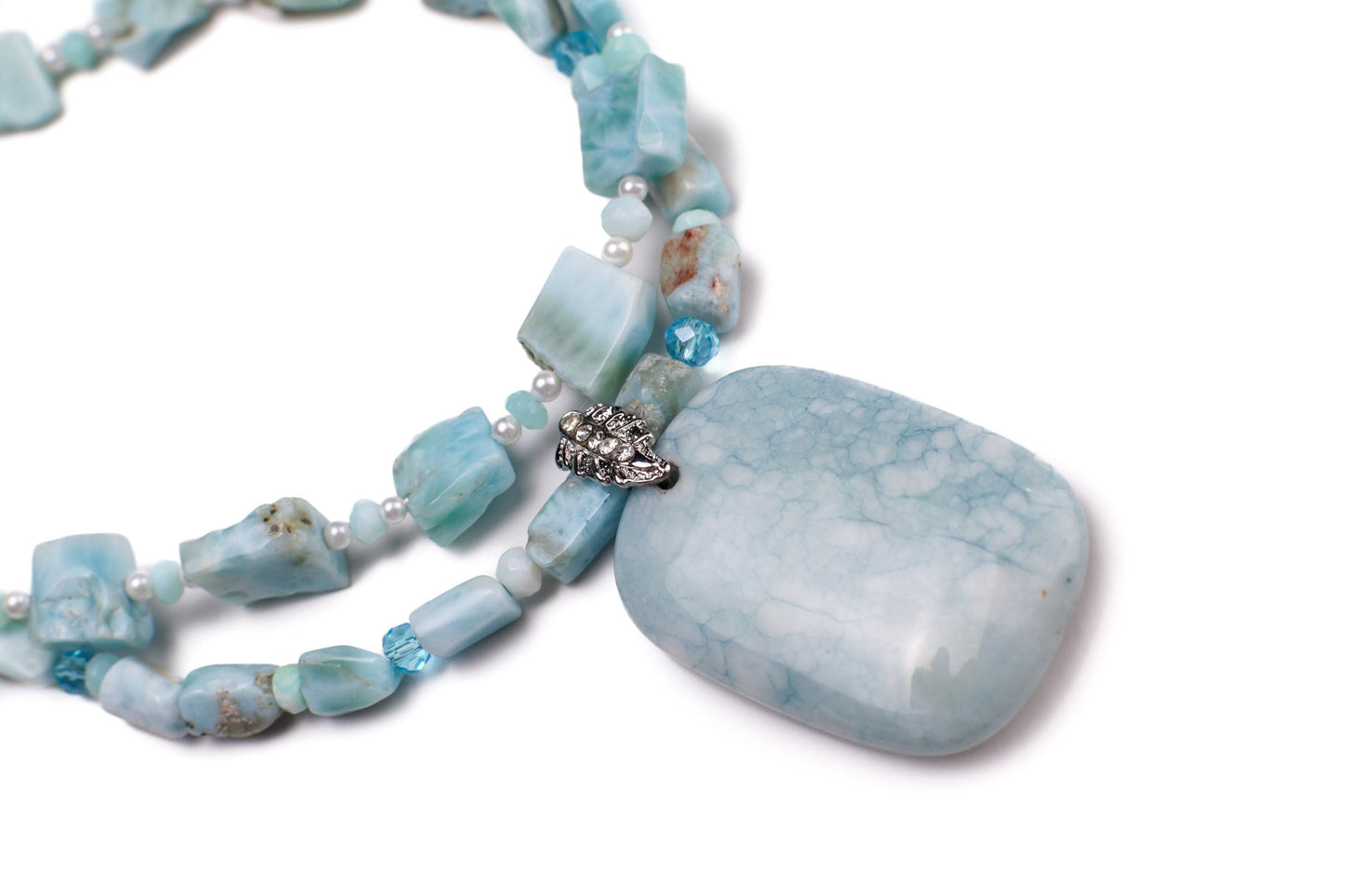Double Layered Natural Larimar Nugget and Square Gemstone, Freshwater Pearl, Larimar spacer, larimar pendant Necklace with 2" Extension