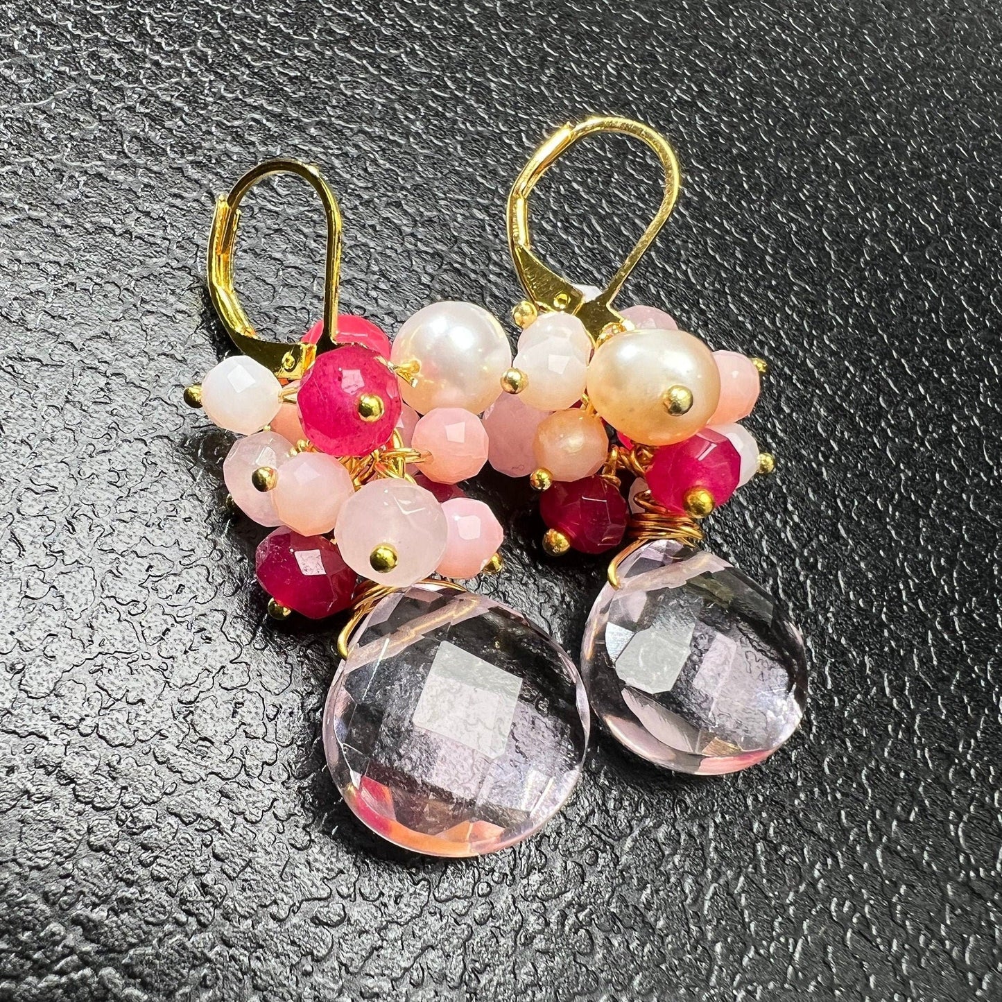 Pink Quartz 15mm heart drop Wire wrapped, cluster with Pink opal , Freshwater pearl,pink chalcedony , gold Boho, Earrings .