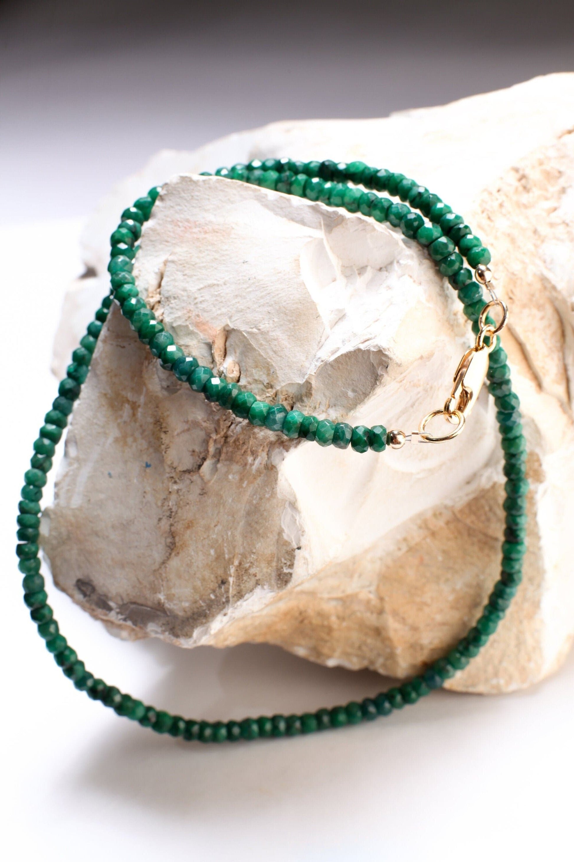 Emerald Necklace, Natural Zambian Emerald 4mm Faceted Roundel Gemstone Beads Necklace in 14k Gold filled