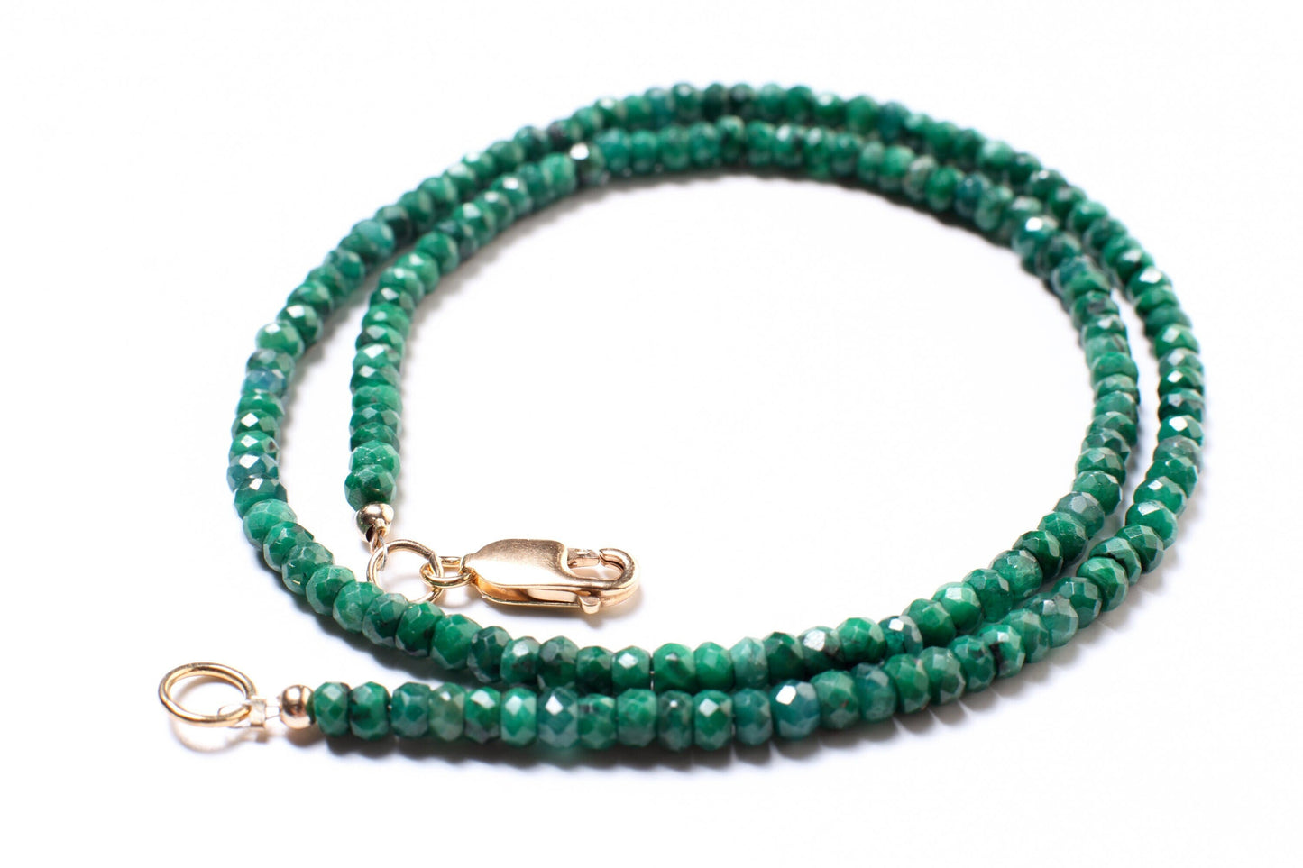 Emerald Necklace, Natural Zambian Emerald 4mm Faceted Roundel Gemstone Beads Necklace in 14k Gold filled