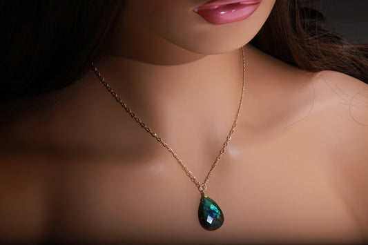 Natural Labradorite Blue Green Faceted 15x28-17x25mm Teardrop Steady Figure 8 925 Sterling Silver or 14K Gold Filled Necklace, Gift For Her