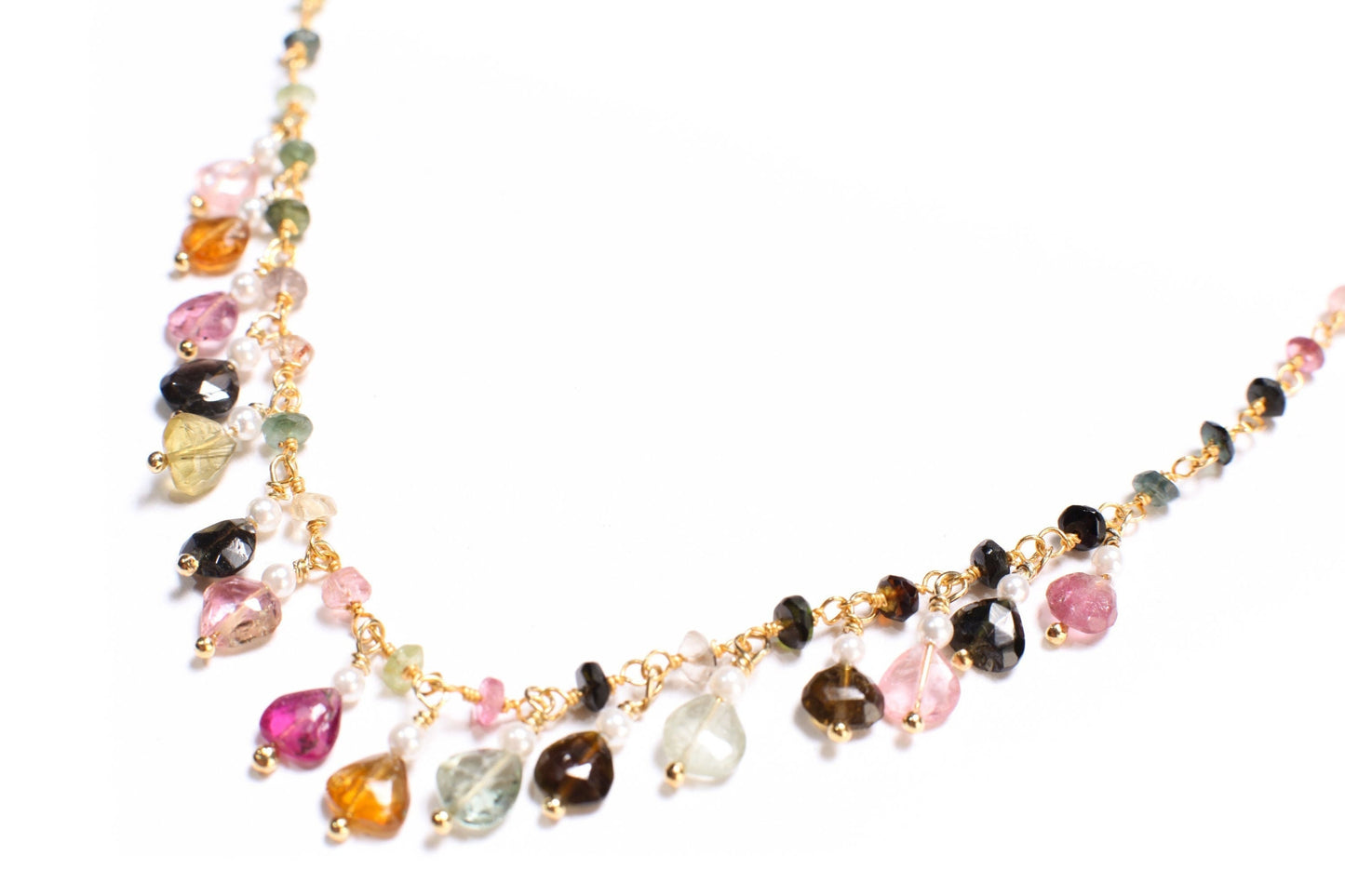 Multi Watermelon Tourmaline Faceted Heart Shape 5-6mm, Dangling Fresh Water Pearl Round Spacers in 14K Gold Filled Clasp, October Birthstone