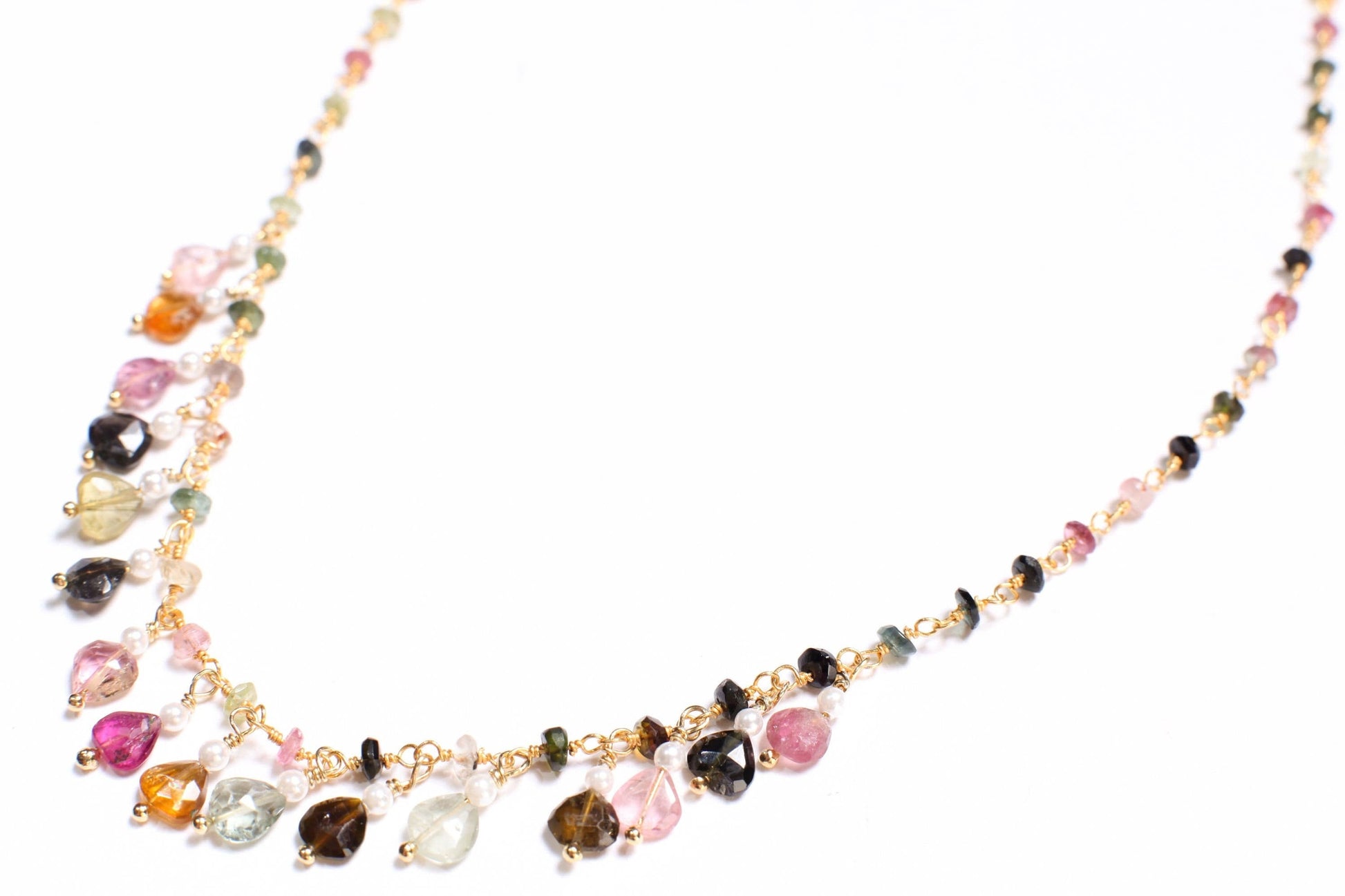 Multi Watermelon Tourmaline Faceted Heart Shape 5-6mm, Dangling Fresh Water Pearl Round Spacers in 14K Gold Filled Clasp, October Birthstone