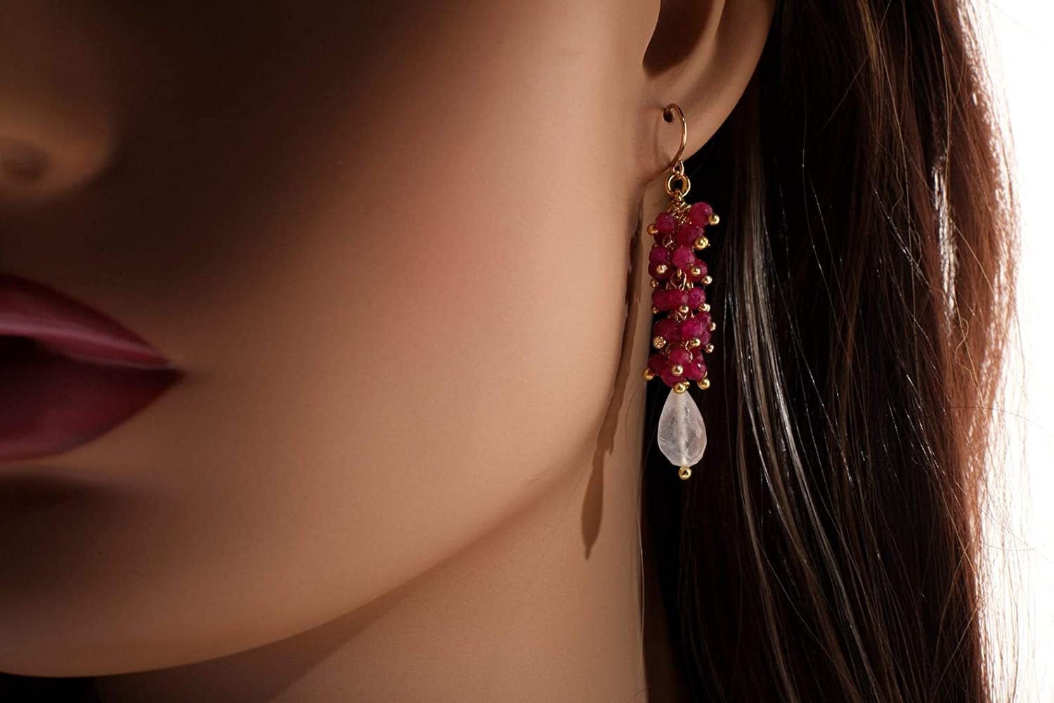 Moonstone Briolette Teardrop, Genuine Pink Ruby Clusters in 14K Gold Filled Earrings, Boho, Gemstone Jewelry Gift for Her