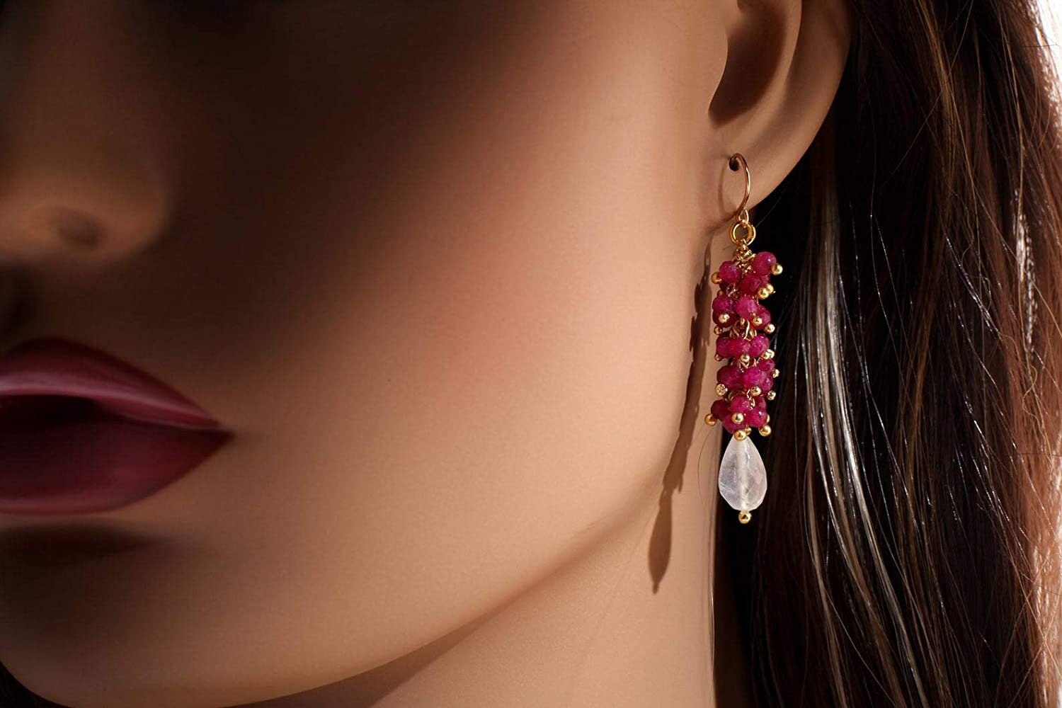 Moonstone Briolette Teardrop, Genuine Pink Ruby Clusters in 14K Gold Filled Earrings, Boho, Gemstone Jewelry Gift for Her