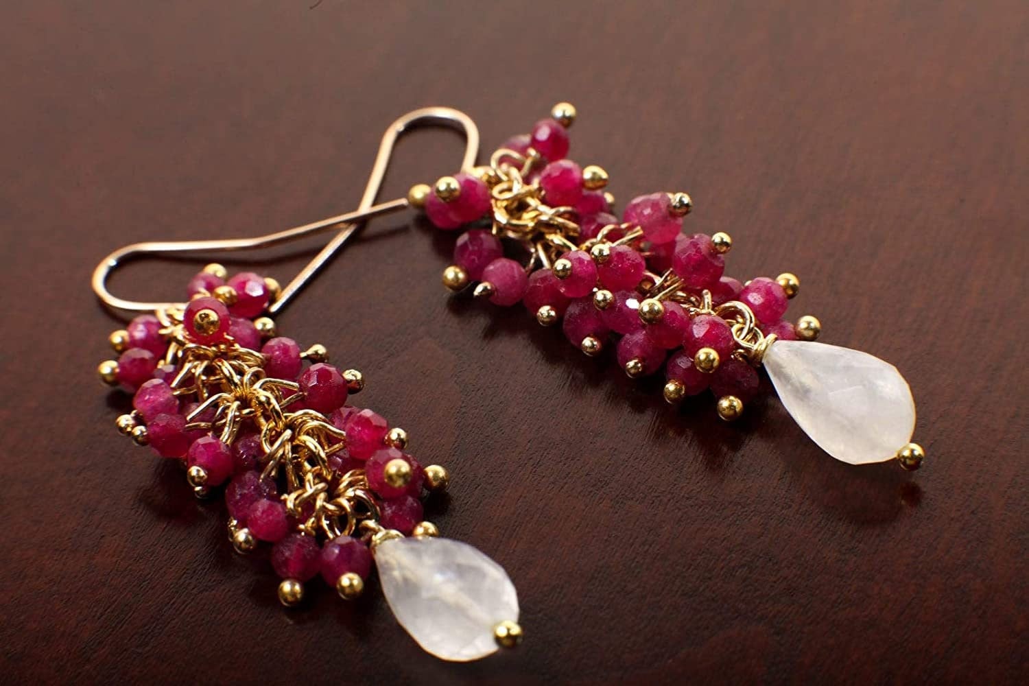 Moonstone Briolette Teardrop, Genuine Pink Ruby Clusters in 14K Gold Filled Earrings, Boho, Gemstone Jewelry Gift for Her