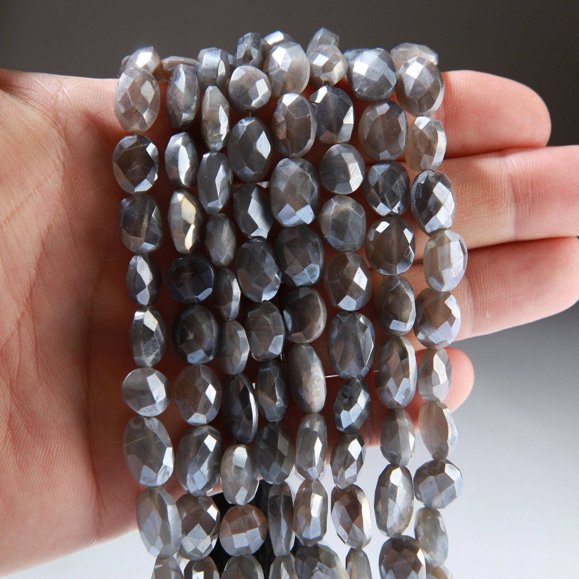 Natural Grey Moonstone Mystic Faceted Oval 10x13-11x17mm Gemstone 8&quot; strand, High quality, Grey Flashy Moonstone, Jewelry Making Beads.