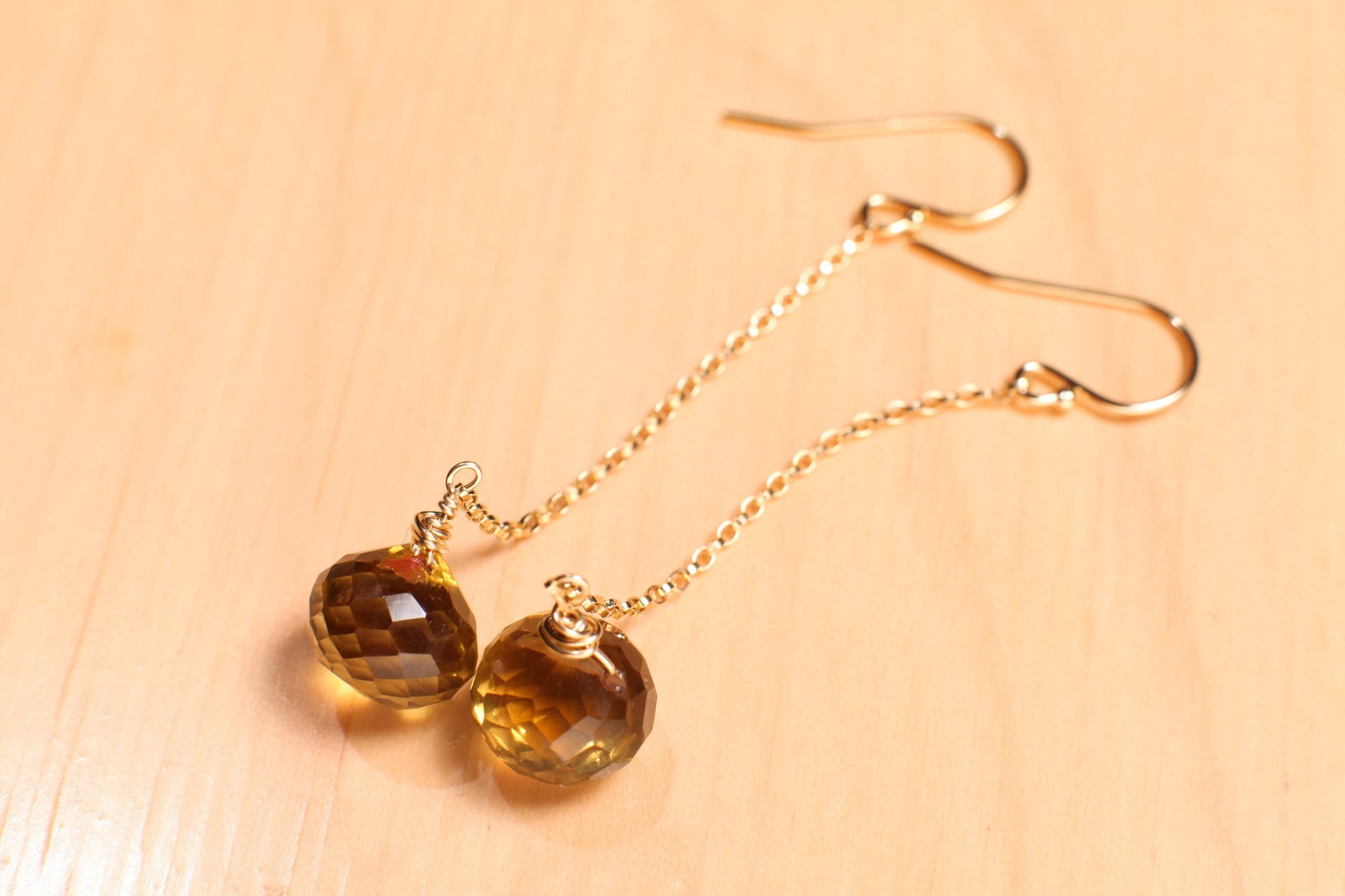 Whiskey Quartz 9x10mm Onion Shape Wire Wrapped Briolette Dangle with 14K Gold Filled Chain and Earwire, Gemstone Handmade Earrings Gift