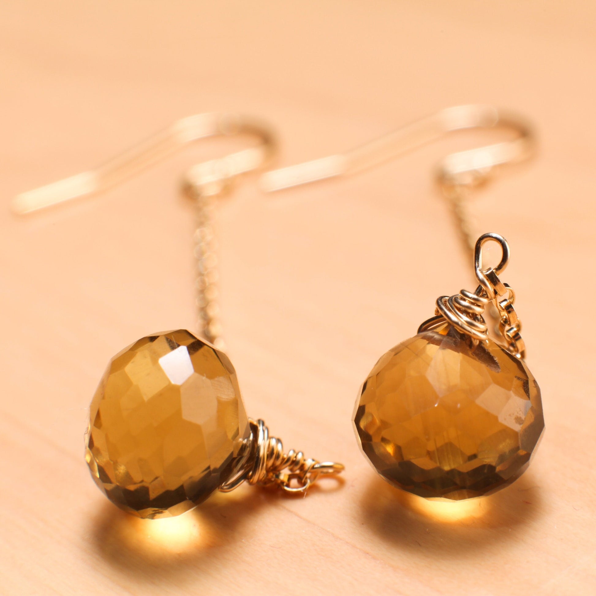 Whiskey Quartz 9x10mm Onion Shape Wire Wrapped Briolette Dangle with 14K Gold Filled Chain and Earwire, Gemstone Handmade Earrings Gift