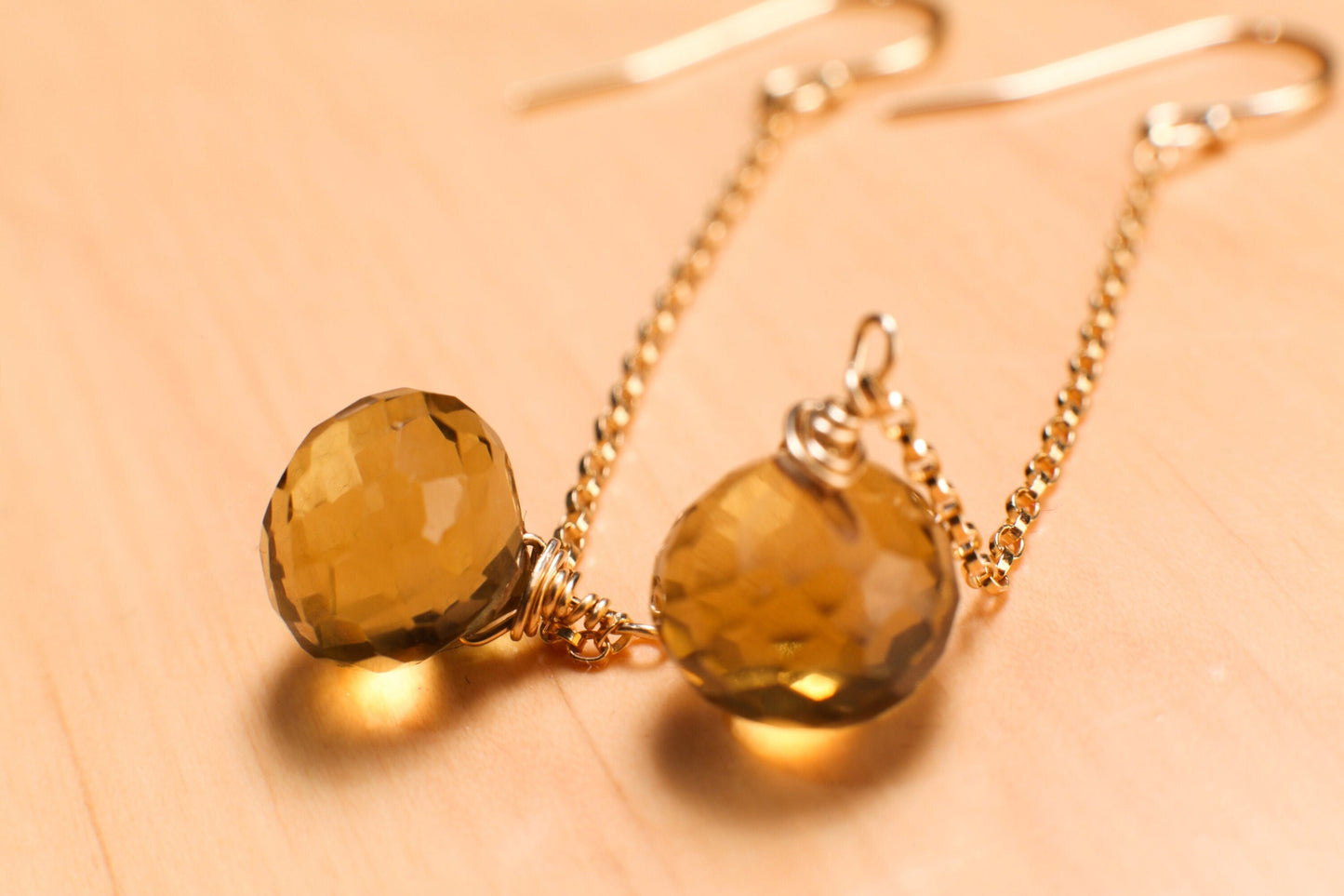 Whiskey Quartz 9x10mm Onion Shape Wire Wrapped Briolette Dangle with 14K Gold Filled Chain and Earwire, Gemstone Handmade Earrings Gift