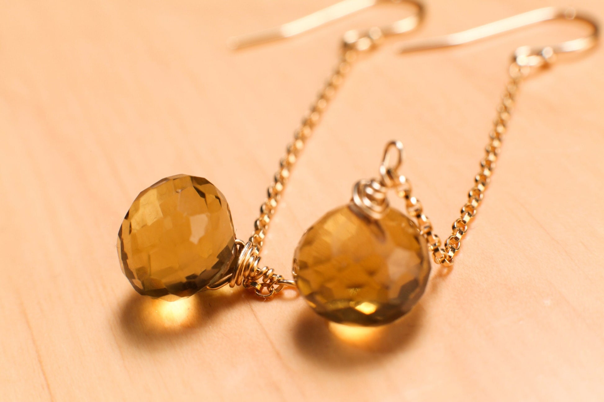 Whiskey Quartz 9x10mm Onion Shape Wire Wrapped Briolette Dangle with 14K Gold Filled Chain and Earwire, Gemstone Handmade Earrings Gift