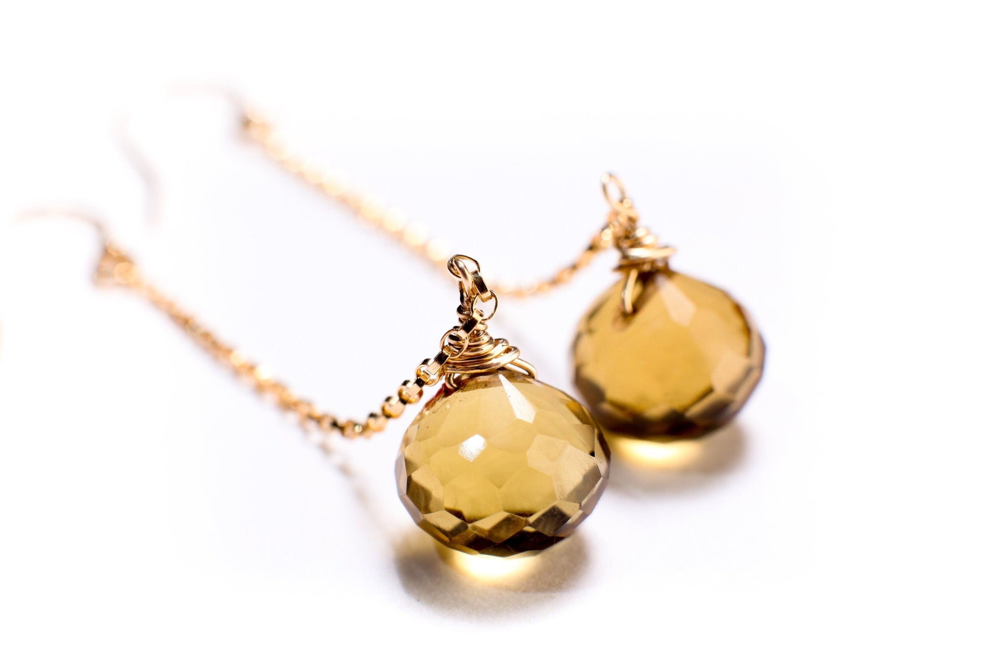 Whiskey Quartz 9x10mm Onion Shape Wire Wrapped Briolette Dangle with 14K Gold Filled Chain and Earwire, Gemstone Handmade Earrings Gift