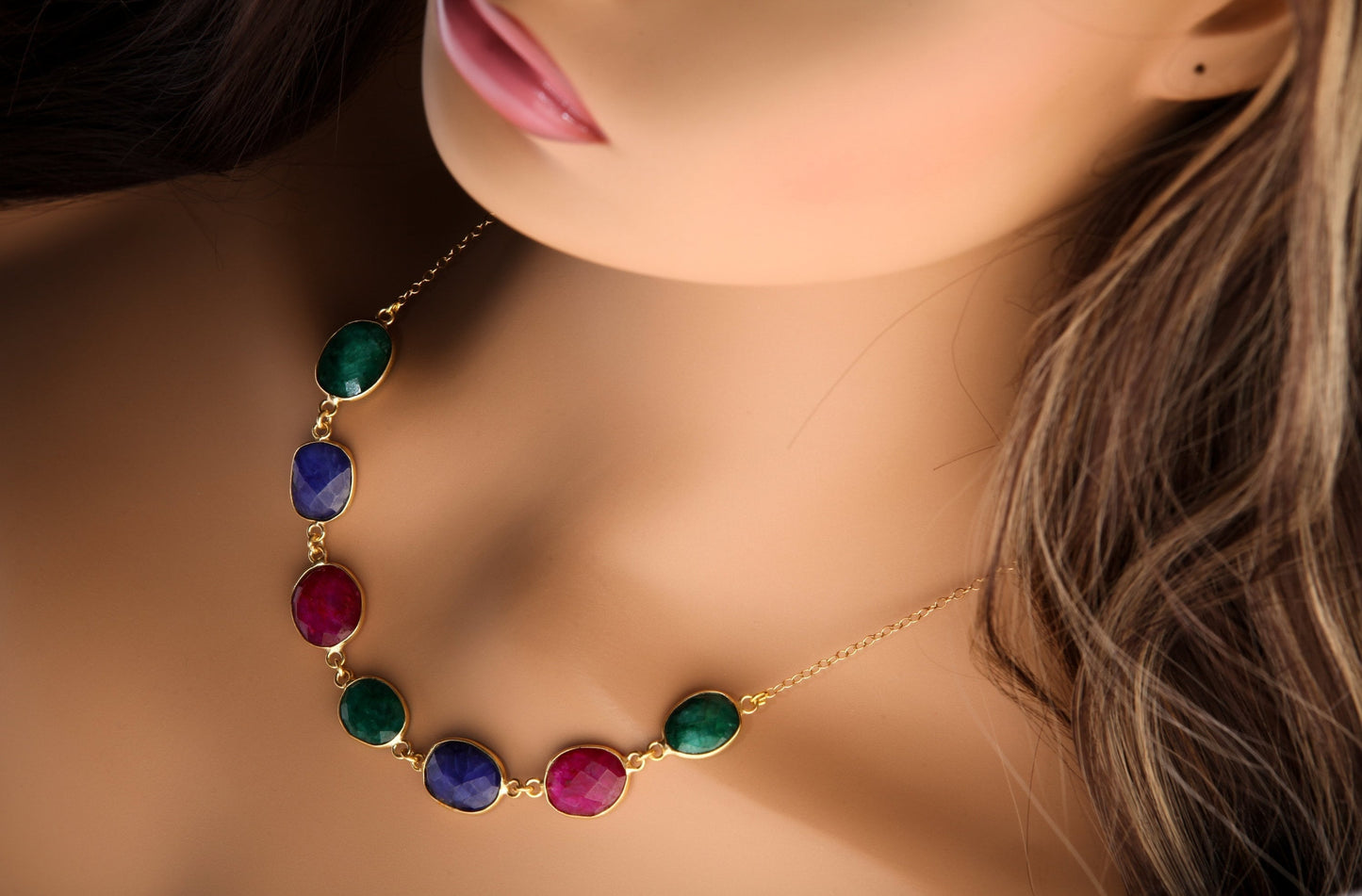 Ruby Sapphire Emerald Gold Bezel Faceted 12x14mm Oval Gemstone in 14K Gold Filled Chain, Elegant Gift for her