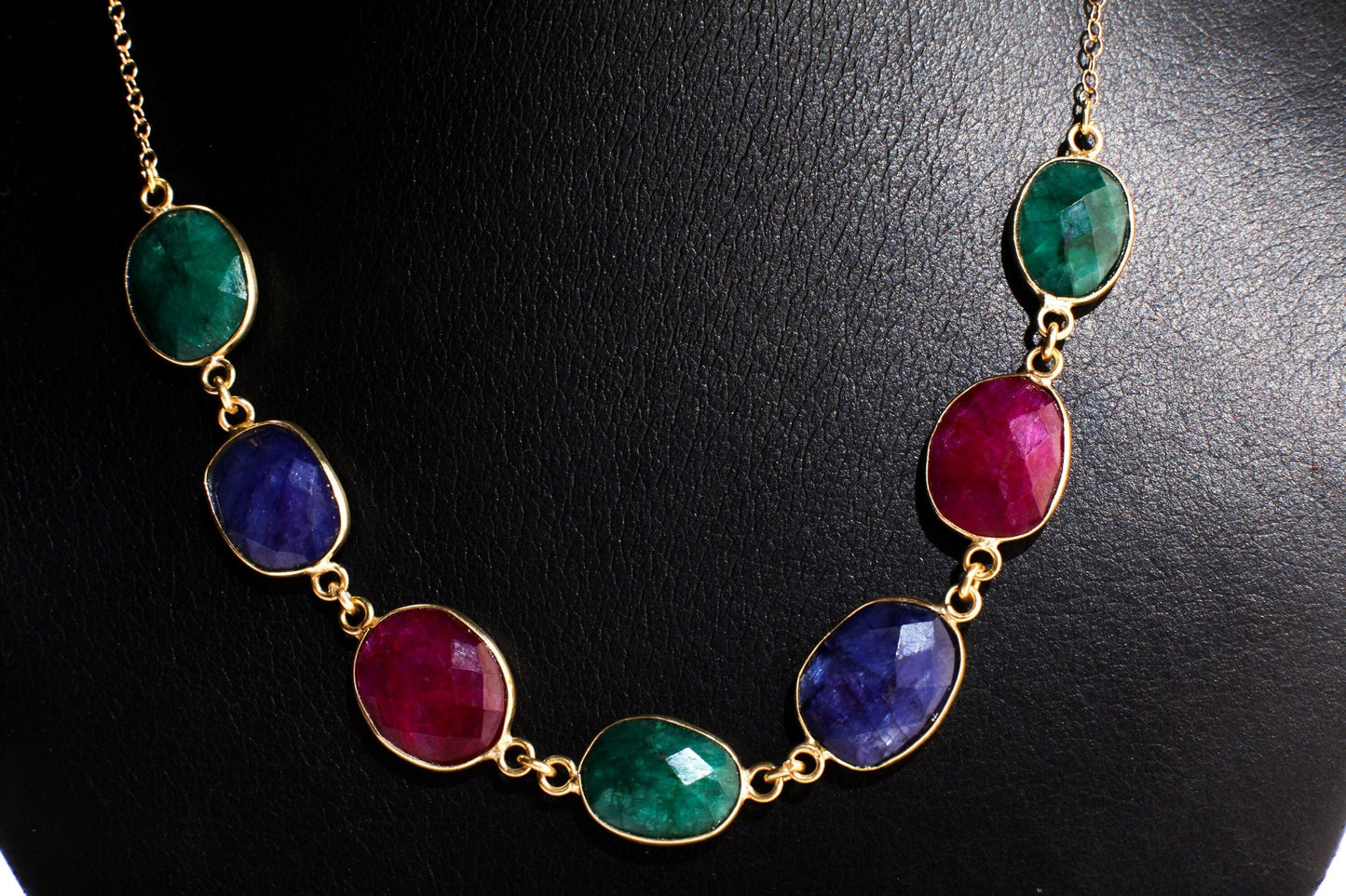 Ruby Sapphire Emerald Gold Bezel Faceted 12x14mm Oval Gemstone in 14K Gold Filled Chain, Elegant Gift for her