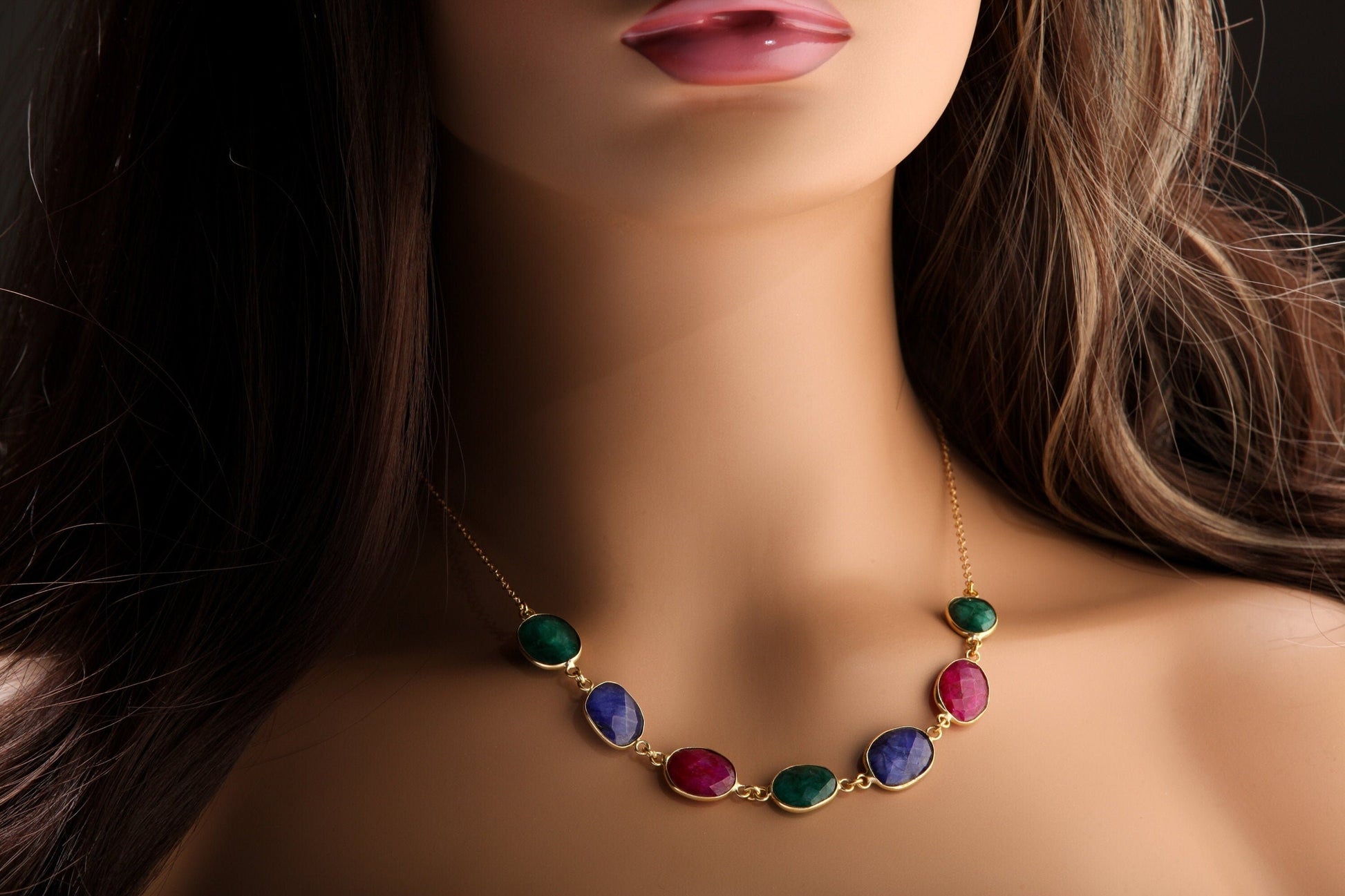 Ruby Sapphire Emerald Gold Bezel Faceted 12x14mm Oval Gemstone in 14K Gold Filled Chain, Elegant Gift for her