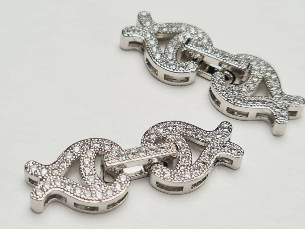 Cubic Zirconia CZ Micro Pave Diamond Style Sterling Silver Rhodium Fish Shape Fancy Clasp 10x30mm, High End Jewelry Making Folding Clasp