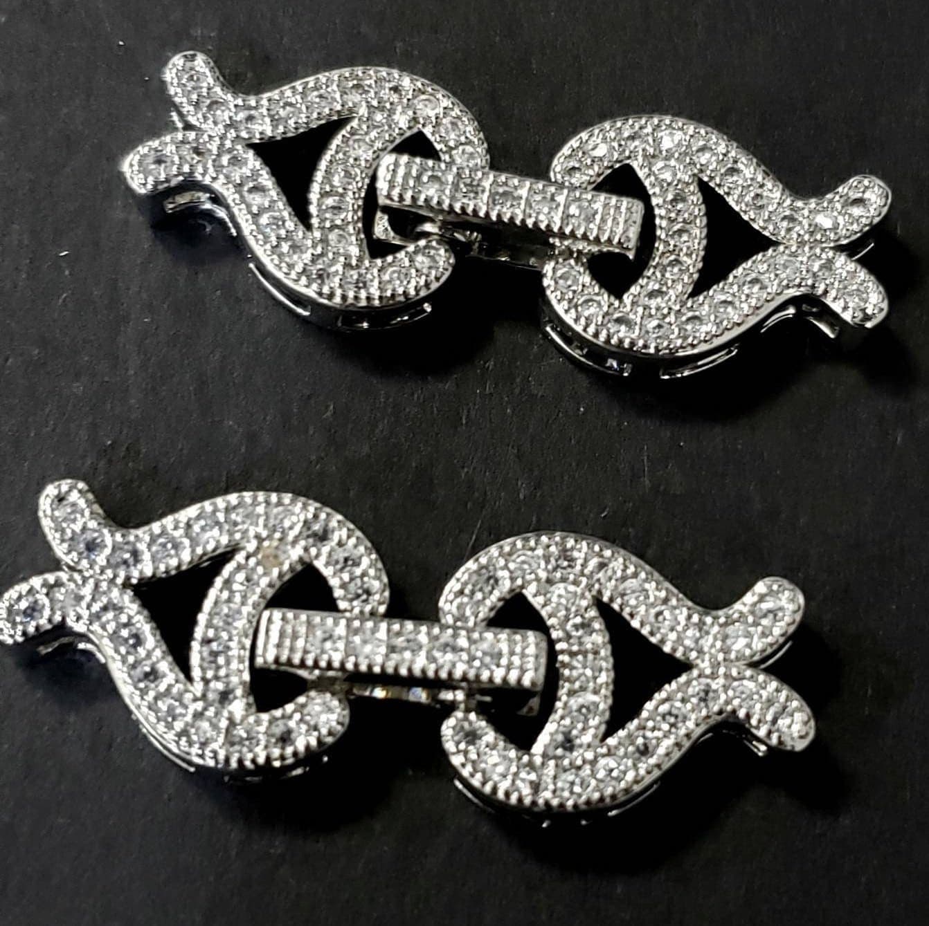 Cubic Zirconia CZ Micro Pave Diamond Style Sterling Silver Rhodium Fish Shape Fancy Clasp 10x30mm, High End Jewelry Making Folding Clasp