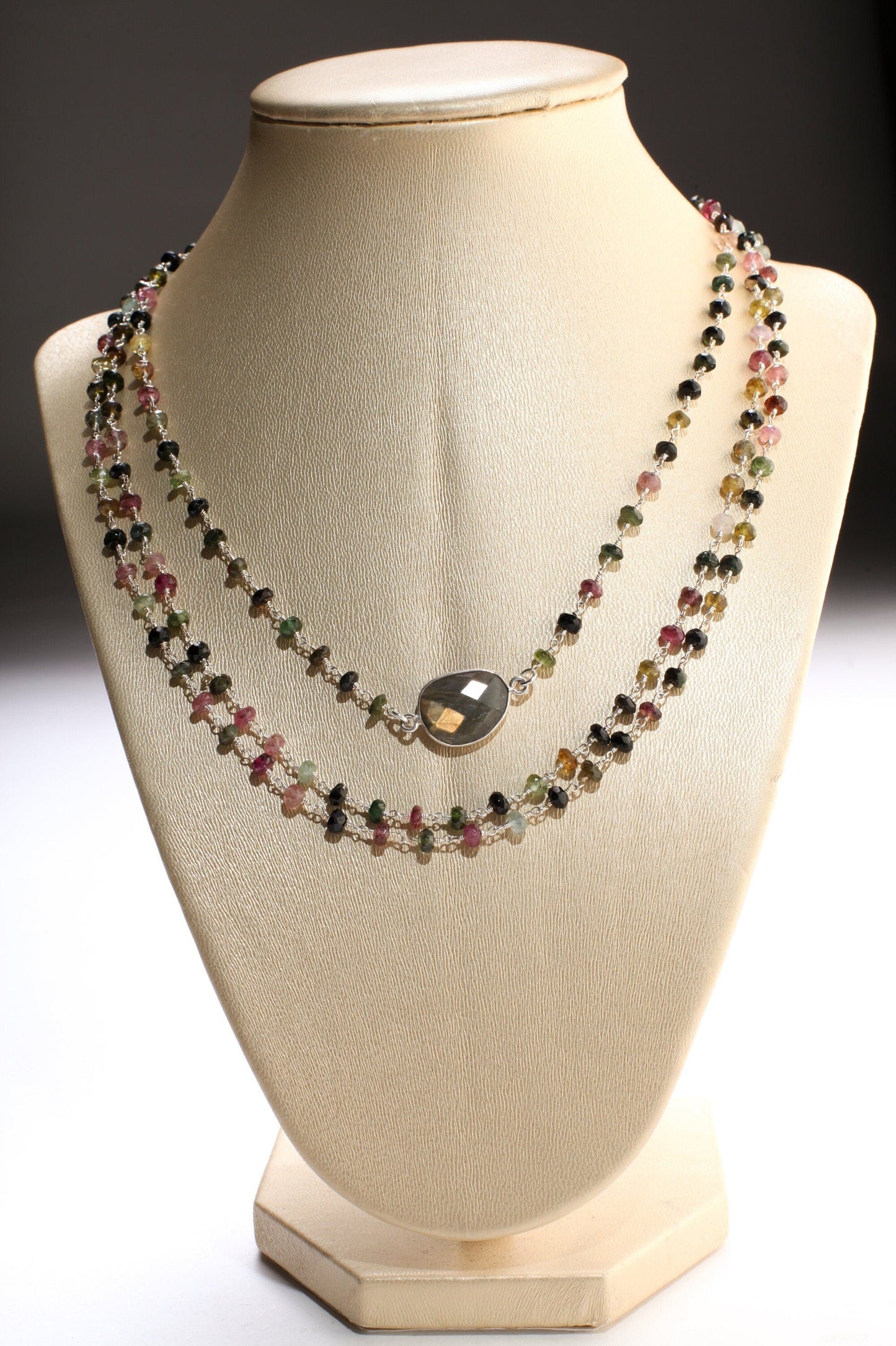 Tourmaline 4mm 3 layer with Labradorite bezel oval focal 925 Sterling Silver Adjustable Necklace. 18" plus 2" extension, Elegant gift.