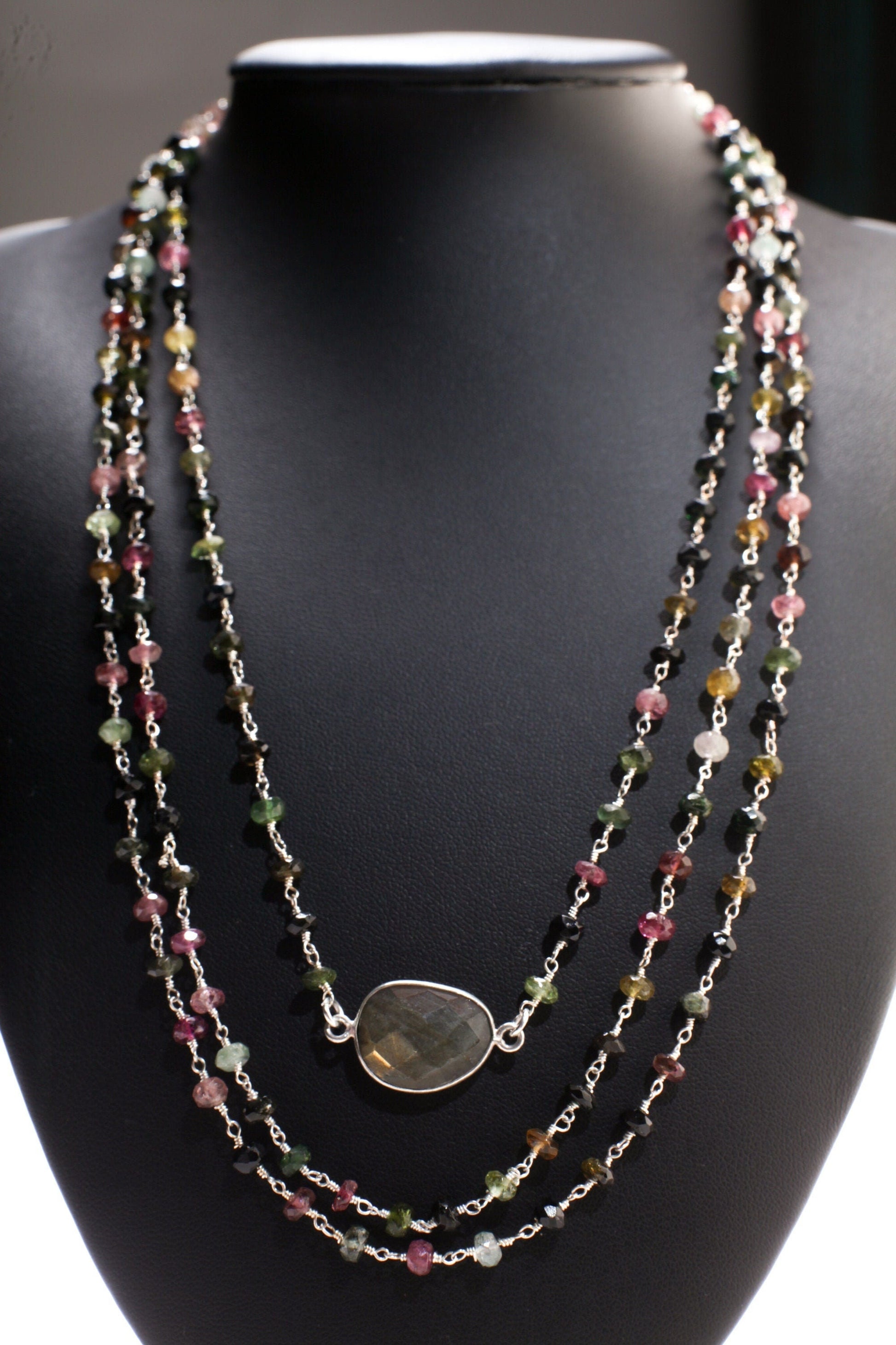 Tourmaline 4mm 3 layer with Labradorite bezel oval focal 925 Sterling Silver Adjustable Necklace. 18" plus 2" extension, Elegant gift.