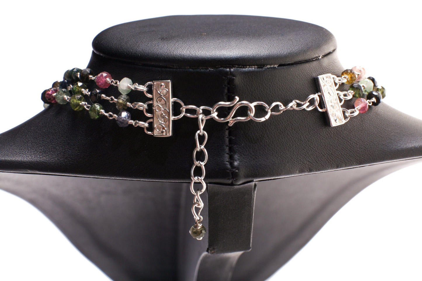 Tourmaline 4mm 3 layer with Labradorite bezel oval focal 925 Sterling Silver Adjustable Necklace. 18" plus 2" extension, Elegant gift.