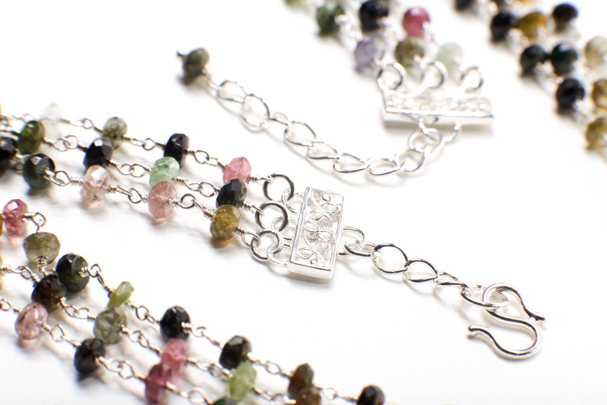 Tourmaline 4mm 3 layer with Labradorite bezel oval focal 925 Sterling Silver Adjustable Necklace. 18" plus 2" extension, Elegant gift.