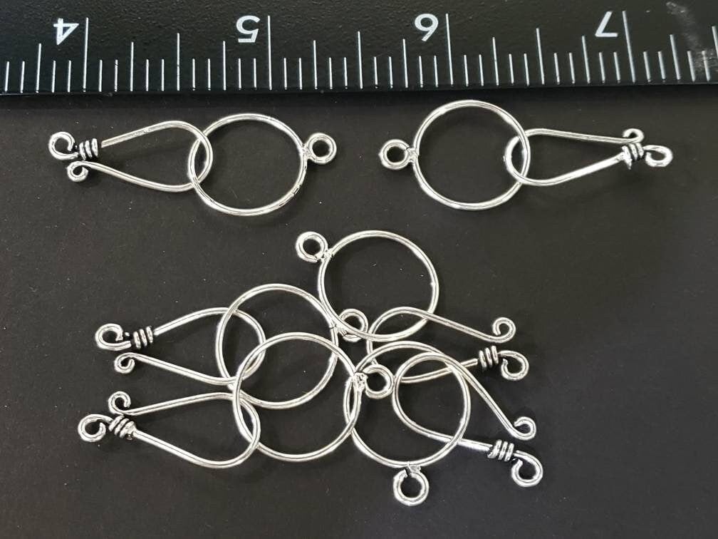 925 Sterling Silver Bali Hook and Eye clasp. 22mm long hook and 16mm circle, handmade, vintage jewelry making clasp 1 set or bulk