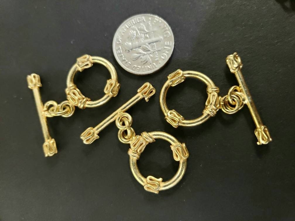 22K Gold Vermeil 925 Sterling Silver Bali fancy toggle clasp 15mm circle & 26mm bar, vintage Handmade clasp , 1 set or bulk