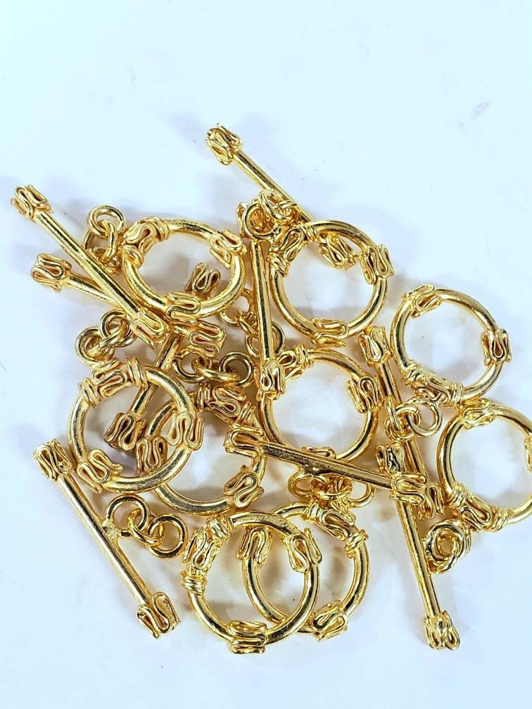 22K Gold Vermeil 925 Sterling Silver Bali fancy toggle clasp 15mm circle & 26mm bar, vintage Handmade clasp , 1 set or bulk