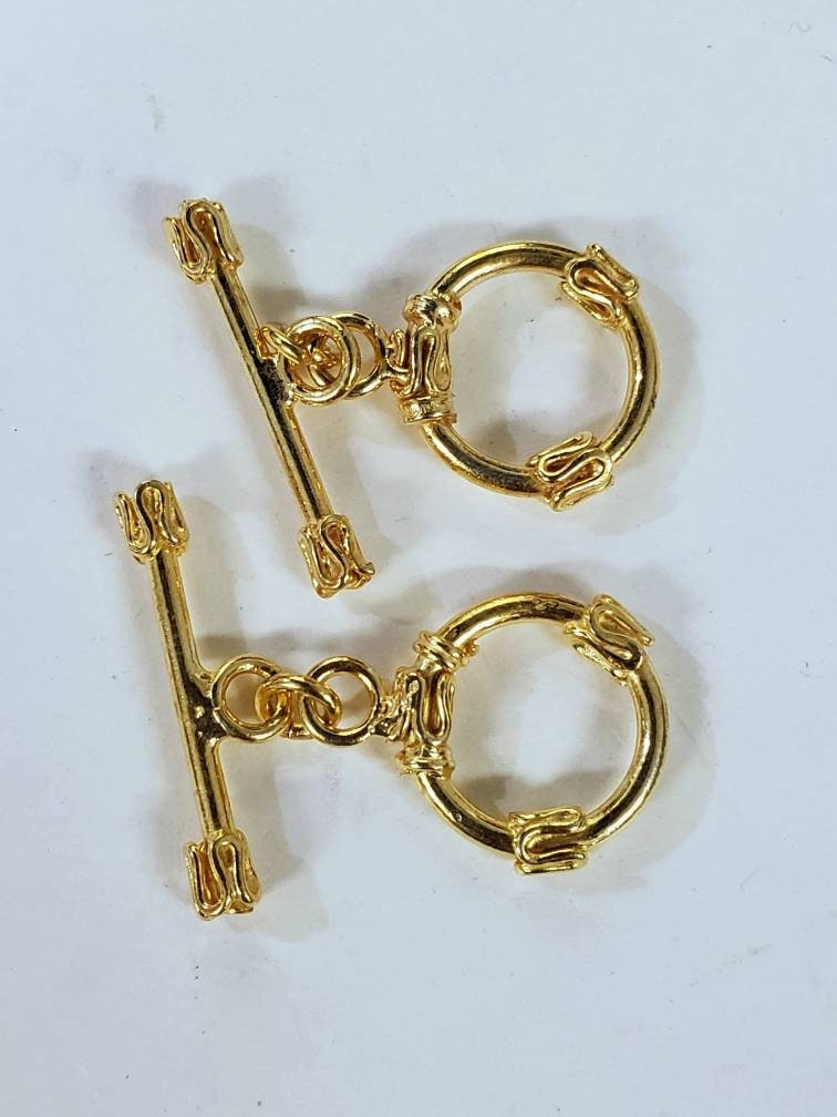 22K Gold Vermeil 925 Sterling Silver Bali fancy toggle clasp 15mm circle & 26mm bar, vintage Handmade clasp , 1 set or bulk
