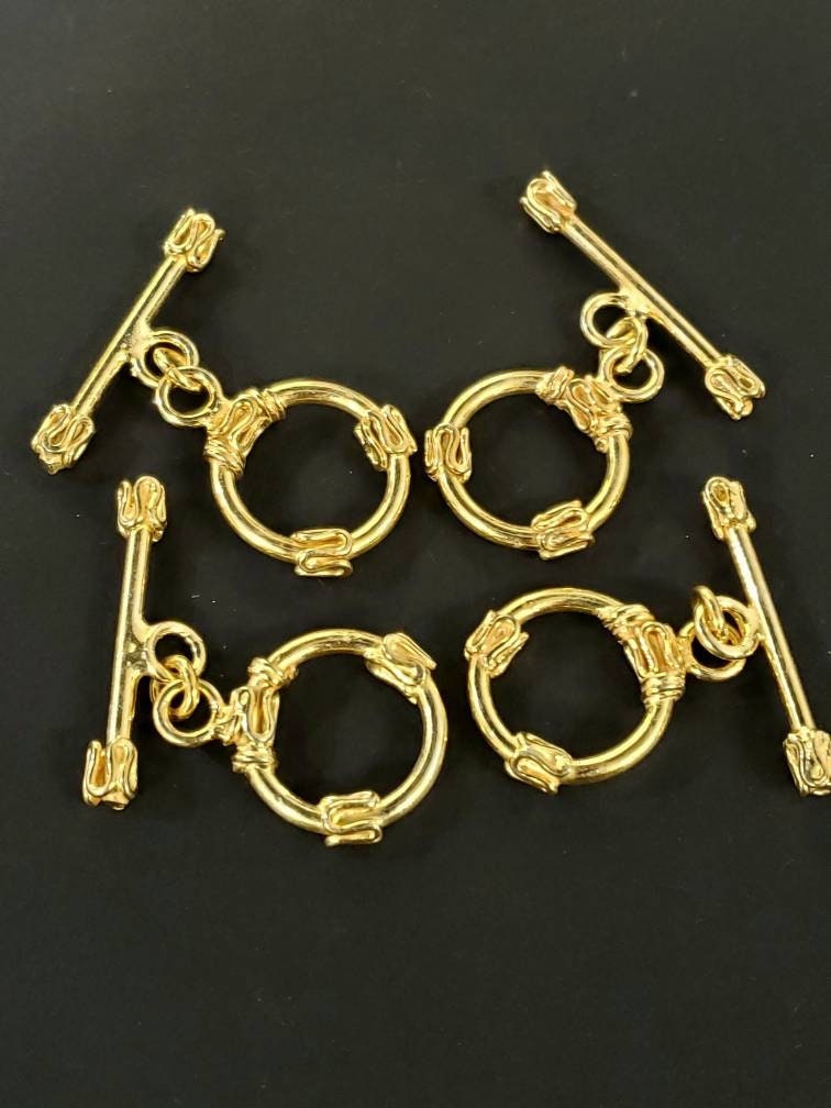 22K Gold Vermeil 925 Sterling Silver Bali fancy toggle clasp 15mm circle & 26mm bar, vintage Handmade clasp , 1 set or bulk