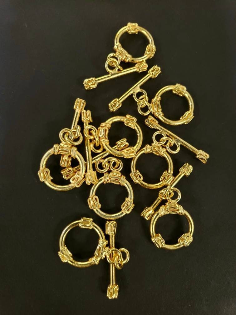 22K Gold Vermeil 925 Sterling Silver Bali fancy toggle clasp 15mm circle & 26mm bar, vintage Handmade clasp , 1 set or bulk