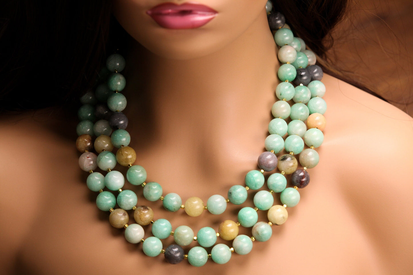 Natural Multi Amazonite AAA Quality Large Smooth Round 14mm Gemstone Bead 3 Layer Chunky Necklace, Beautiful Gift For Her