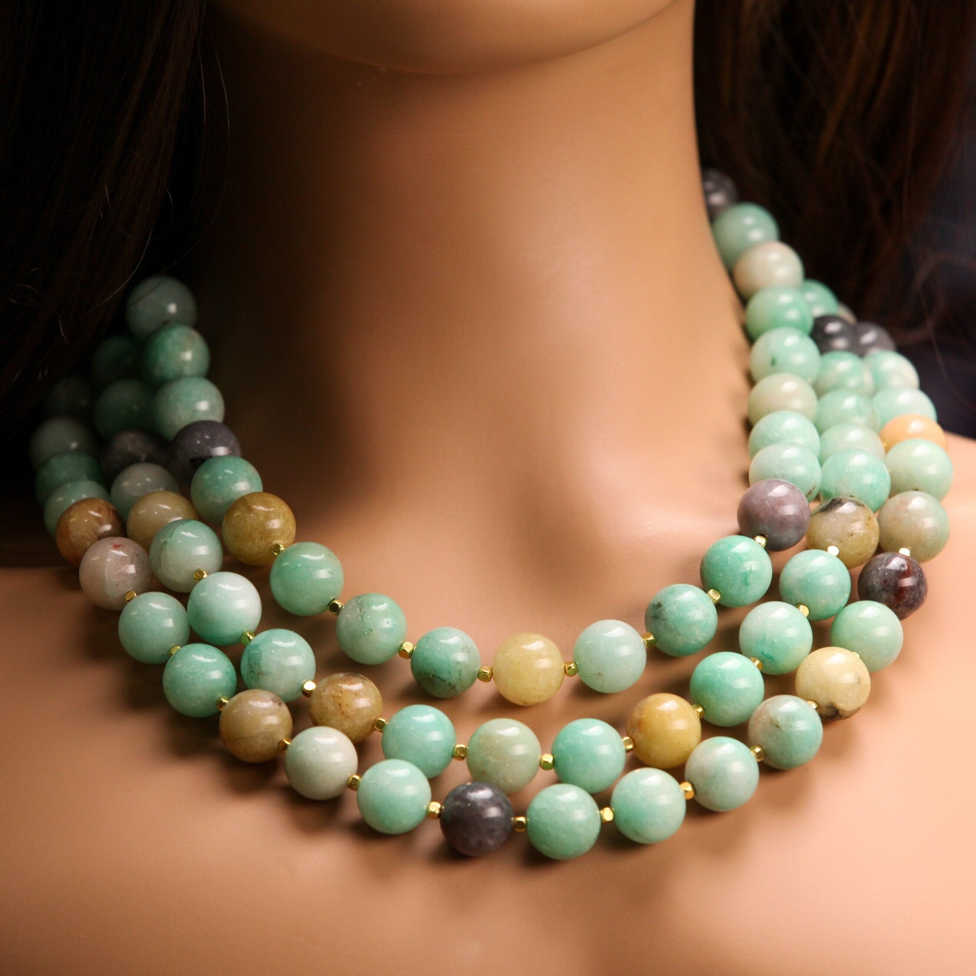 Natural Multi Amazonite AAA Quality Large Smooth Round 14mm Gemstone Bead 3 Layer Chunky Necklace, Beautiful Gift For Her