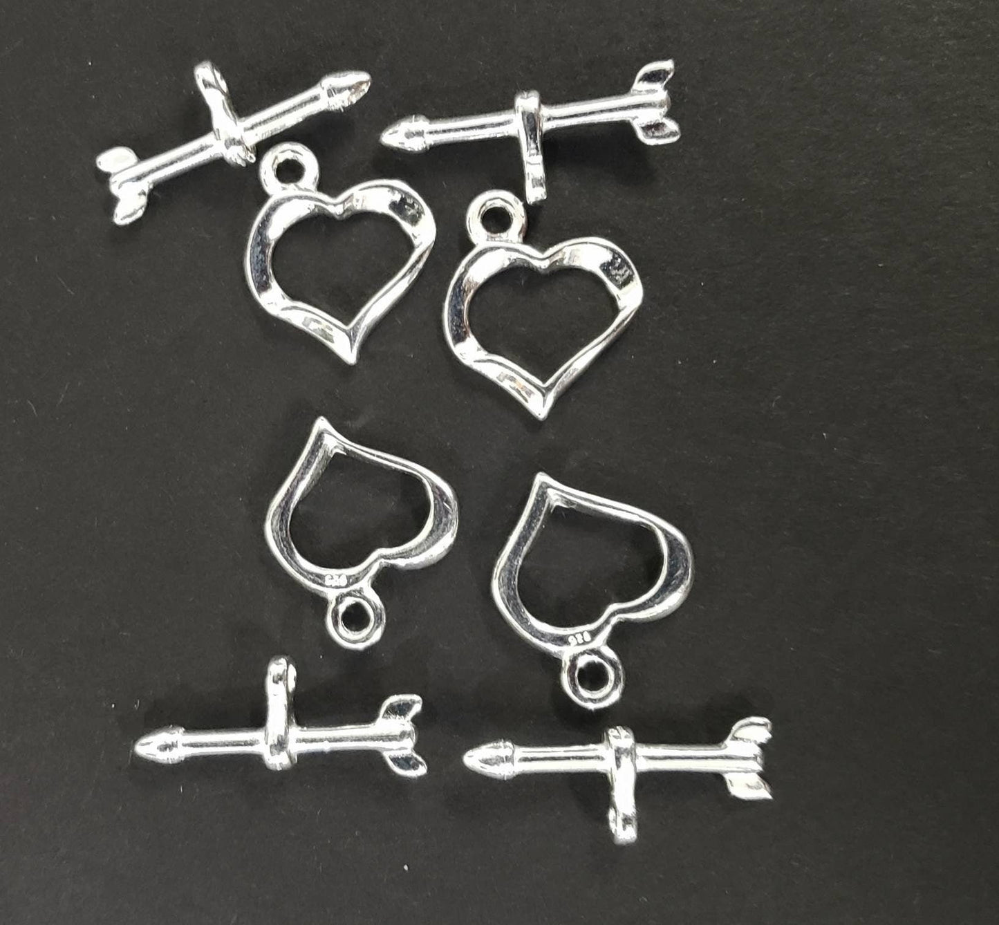 925 Sterling Silver heart shape shiny toggle clasp, 13mm heart and 29mm bar, jewelry making clasp, 925 stamped, 1 set or bulk