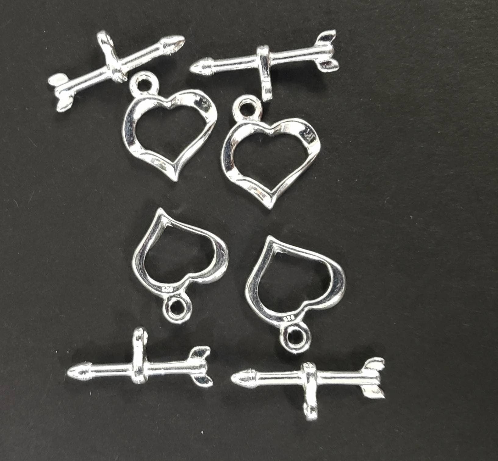 925 Sterling Silver heart shape shiny toggle clasp, 13mm heart and 29mm bar, jewelry making clasp, 925 stamped, 1 set or bulk