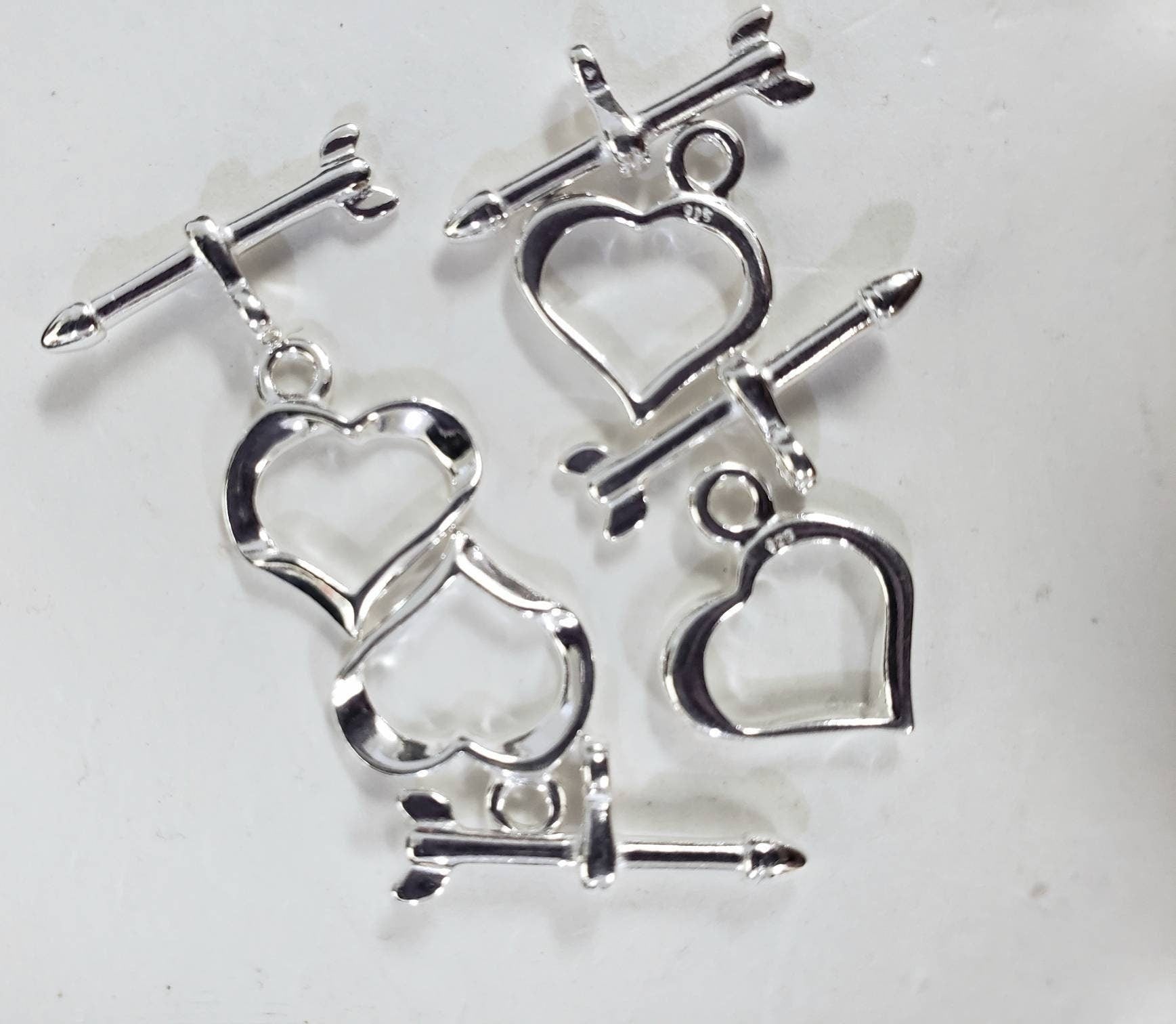 925 Sterling Silver heart shape shiny toggle clasp, 13mm heart and 29mm bar, jewelry making clasp, 925 stamped, 1 set or bulk