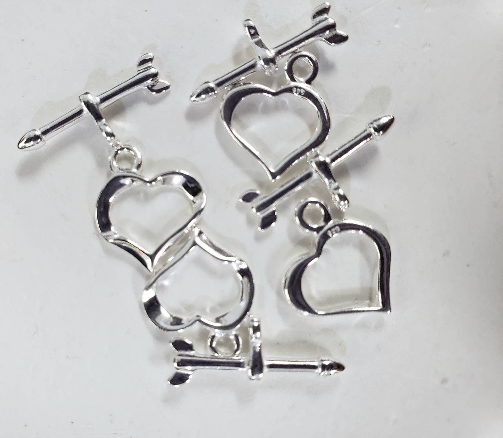 925 Sterling Silver heart shape shiny toggle clasp, 13mm heart and 29mm bar, jewelry making clasp, 925 stamped, 1 set or bulk